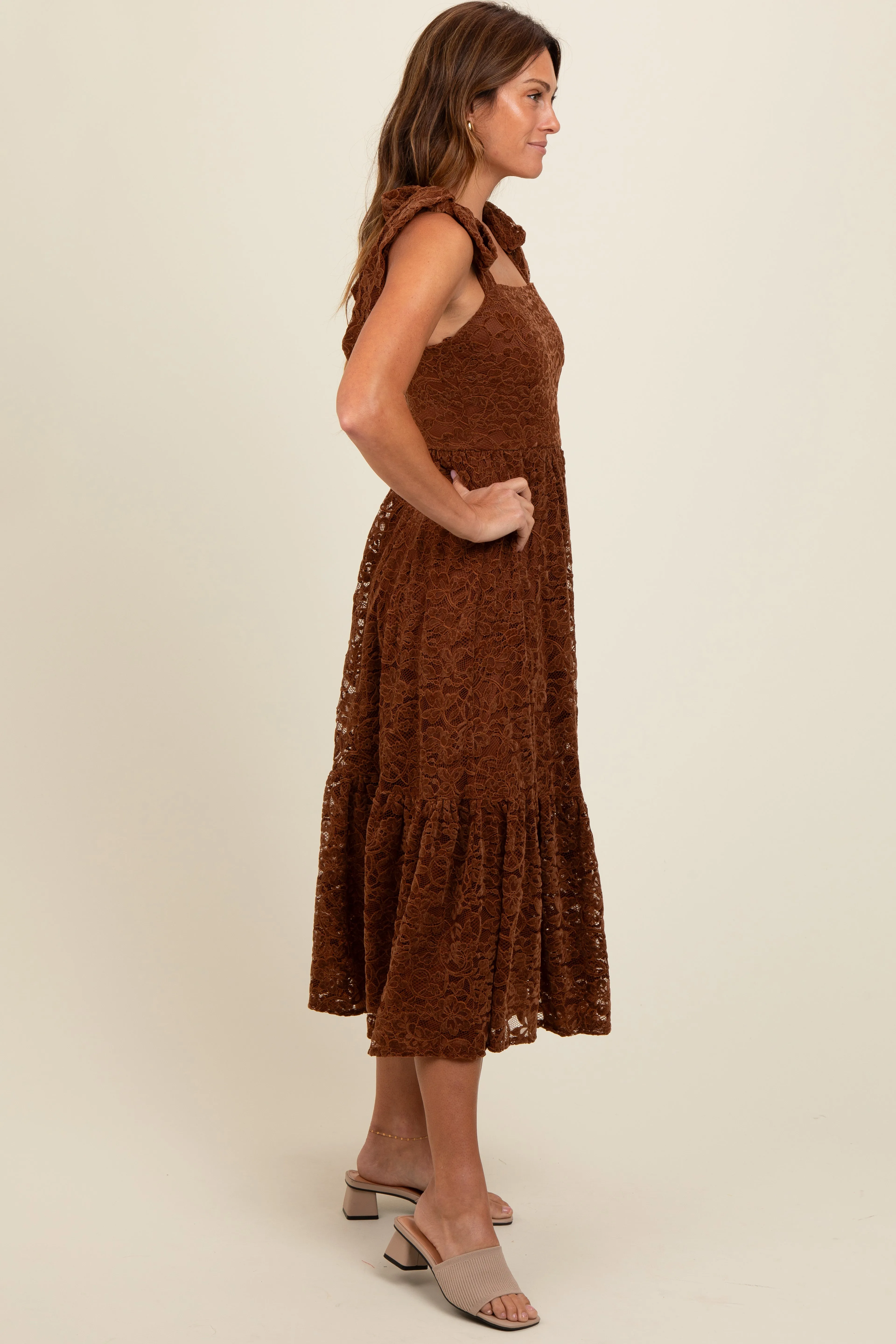 Brown Lace Shoulder Tie Ruffle Hem Midi Dress sold by Pinkblush product image thumbnail 3