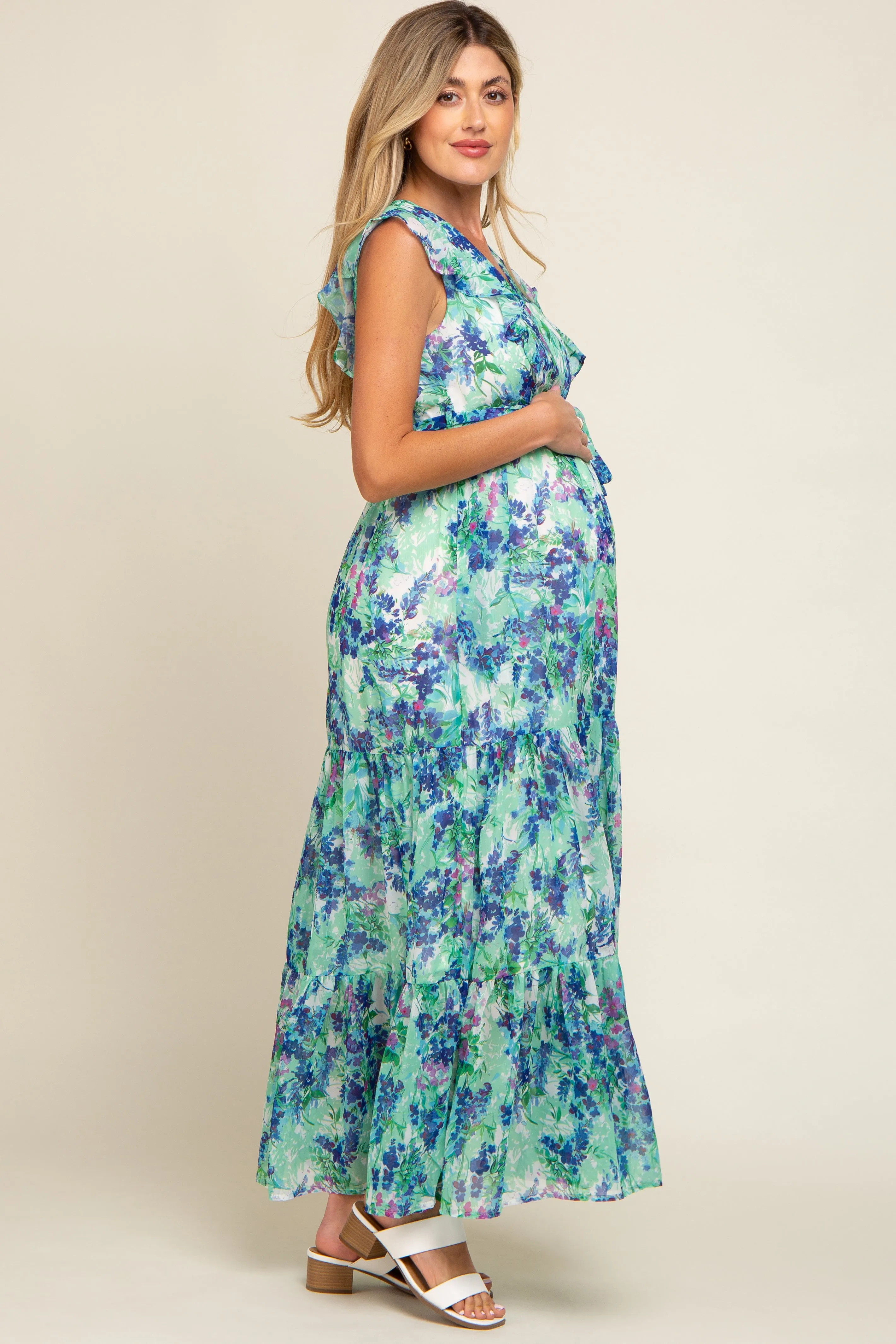 Blue Floral Ruffle Accent Waist Tie Maternity Maxi Dress sold by Pinkblush product image thumbnail 3