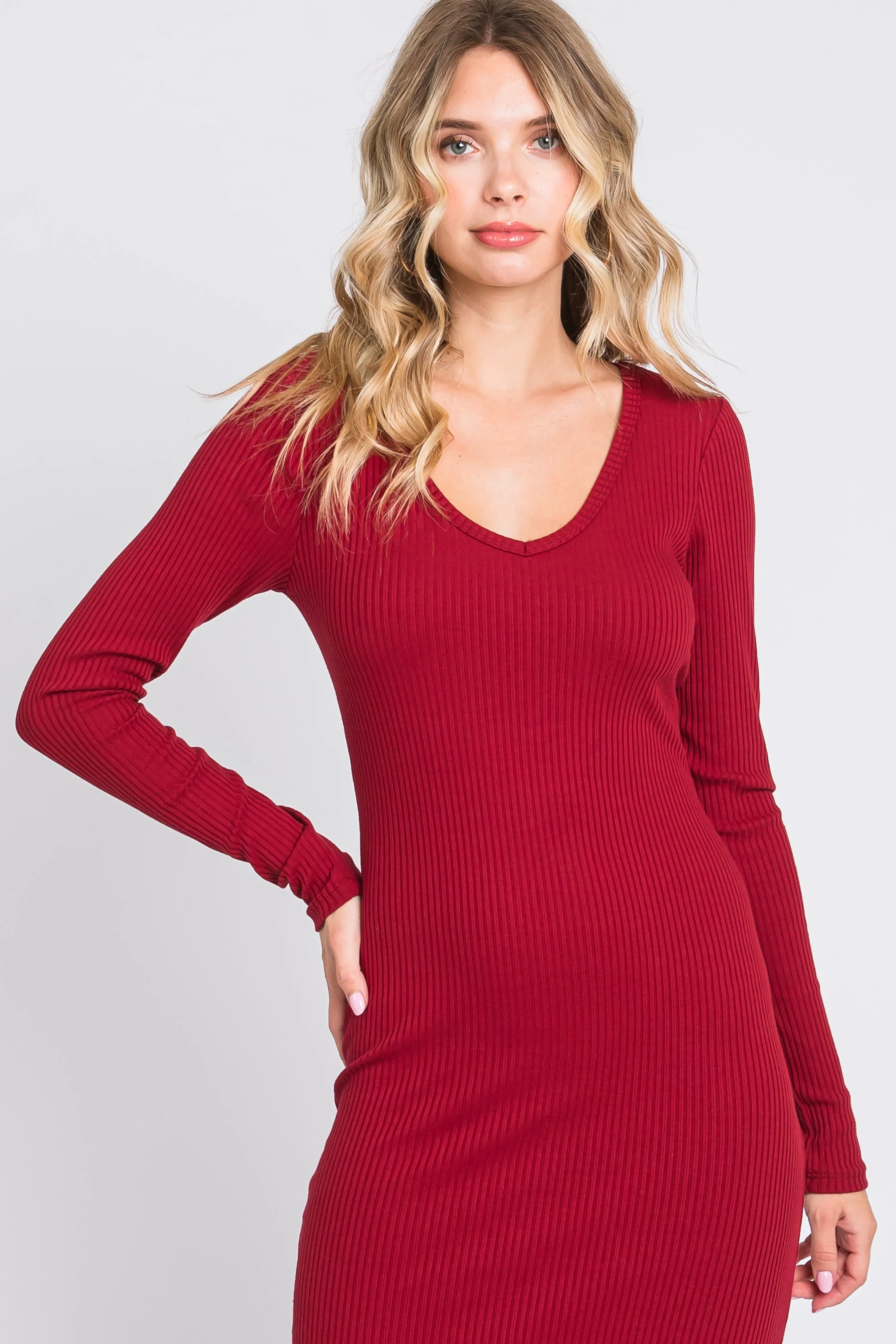 Burgundy Ribbed Long Sleeve Maxi Dress sold by Pinkblush product image thumbnail 4