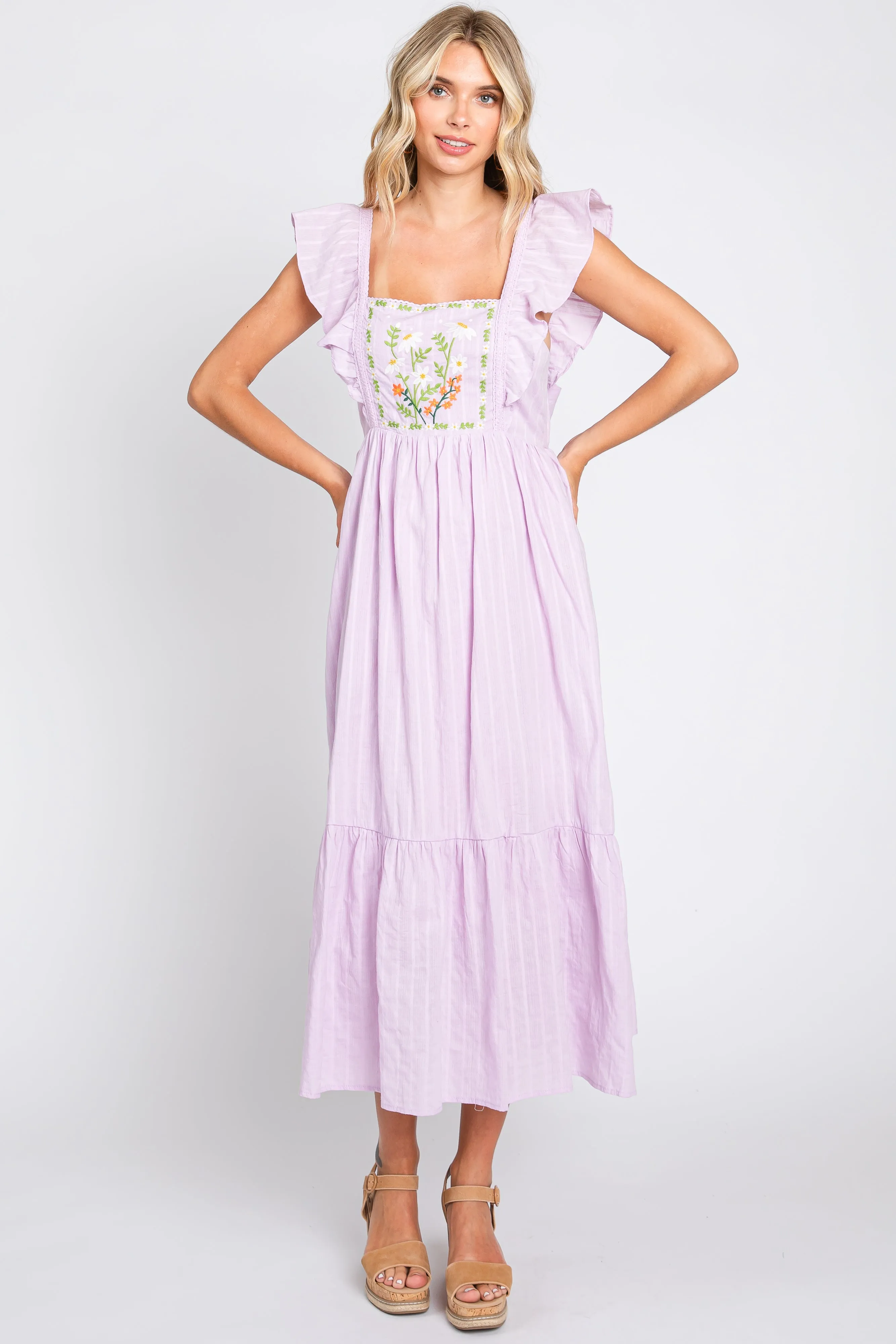 Lavender Floral Embroidered Tie Back Midi Dress sold by Pinkblush