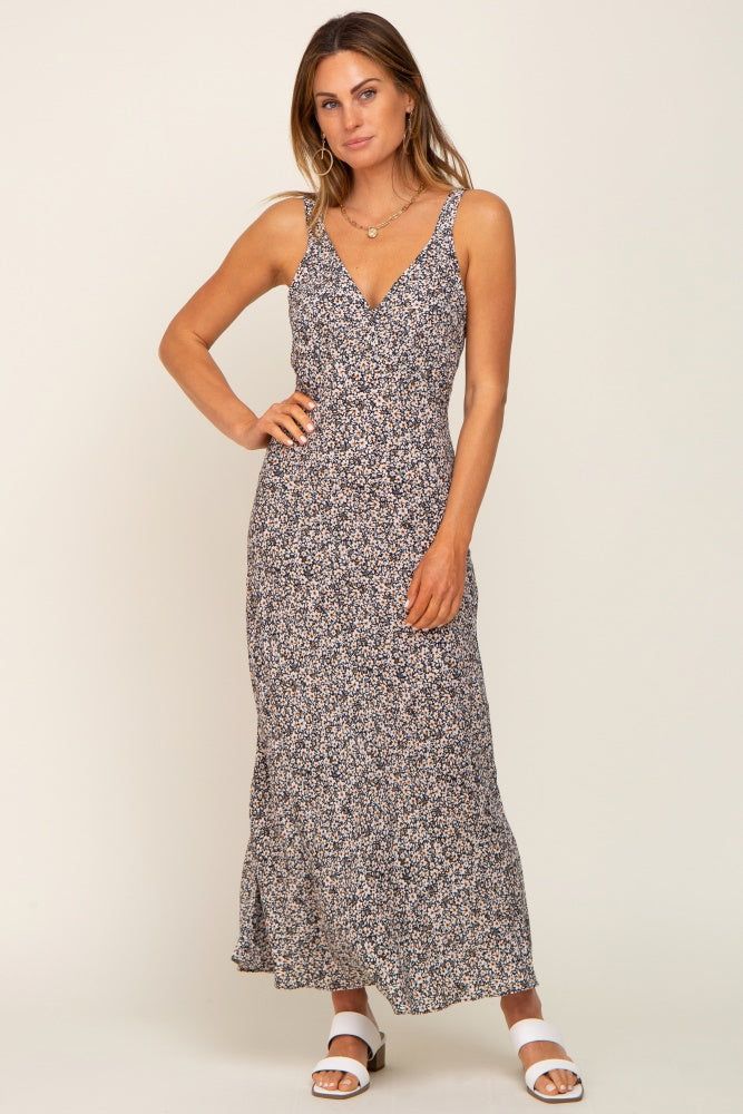 Black Floral Print V-Neck Maxi Dress sold by Pinkblush product image thumbnail 4