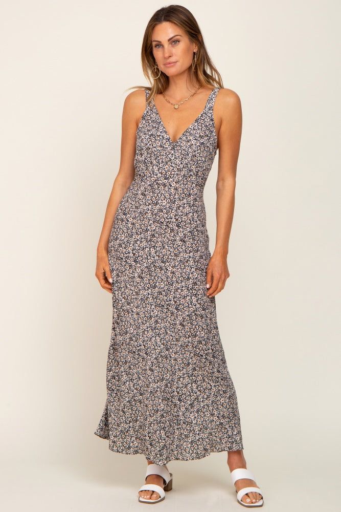 Black Floral Print V-Neck Maxi Dress sold by Pinkblush