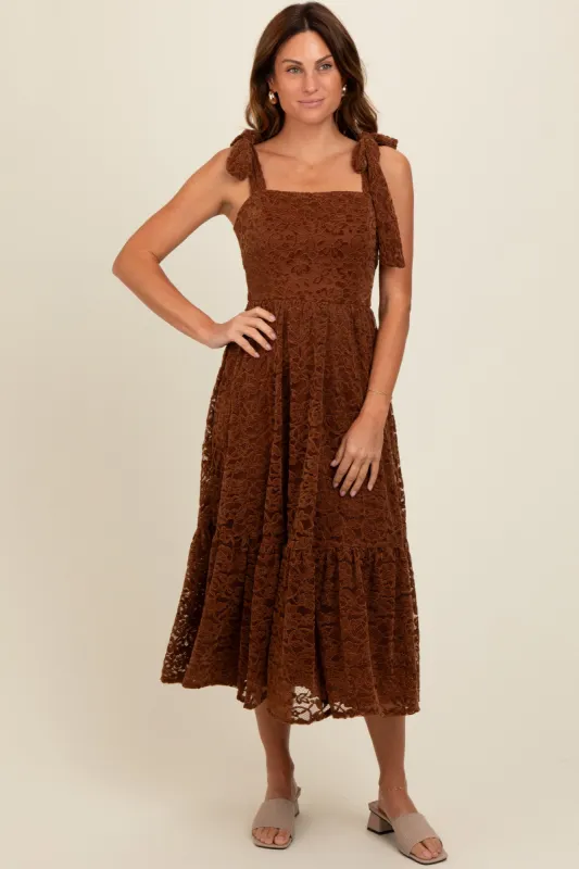 Brown Lace Shoulder Tie Ruffle Hem Midi Dress sold by Pinkblush