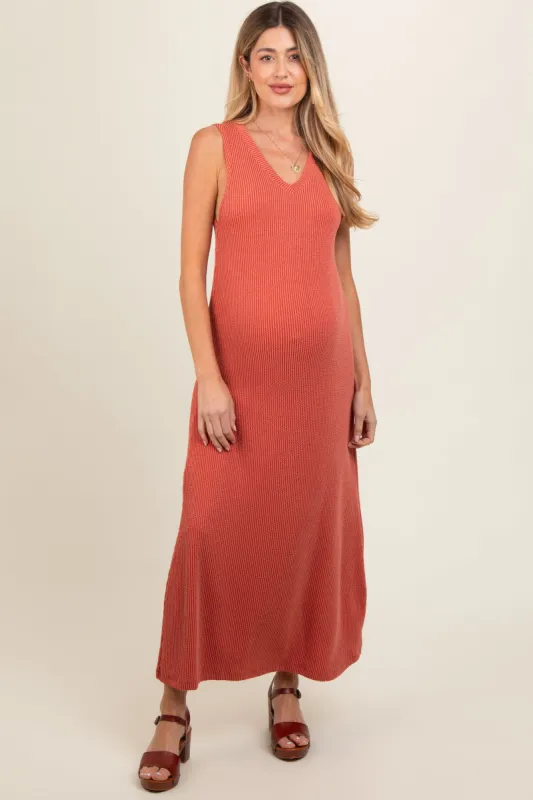 Rust Sleeveless Ribbed Maternity Maxi Dress sold by Pinkblush