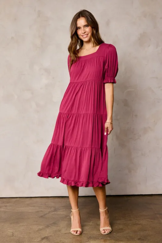 Red Tiered Ruffle Hem Midi Dress sold by Pinkblush