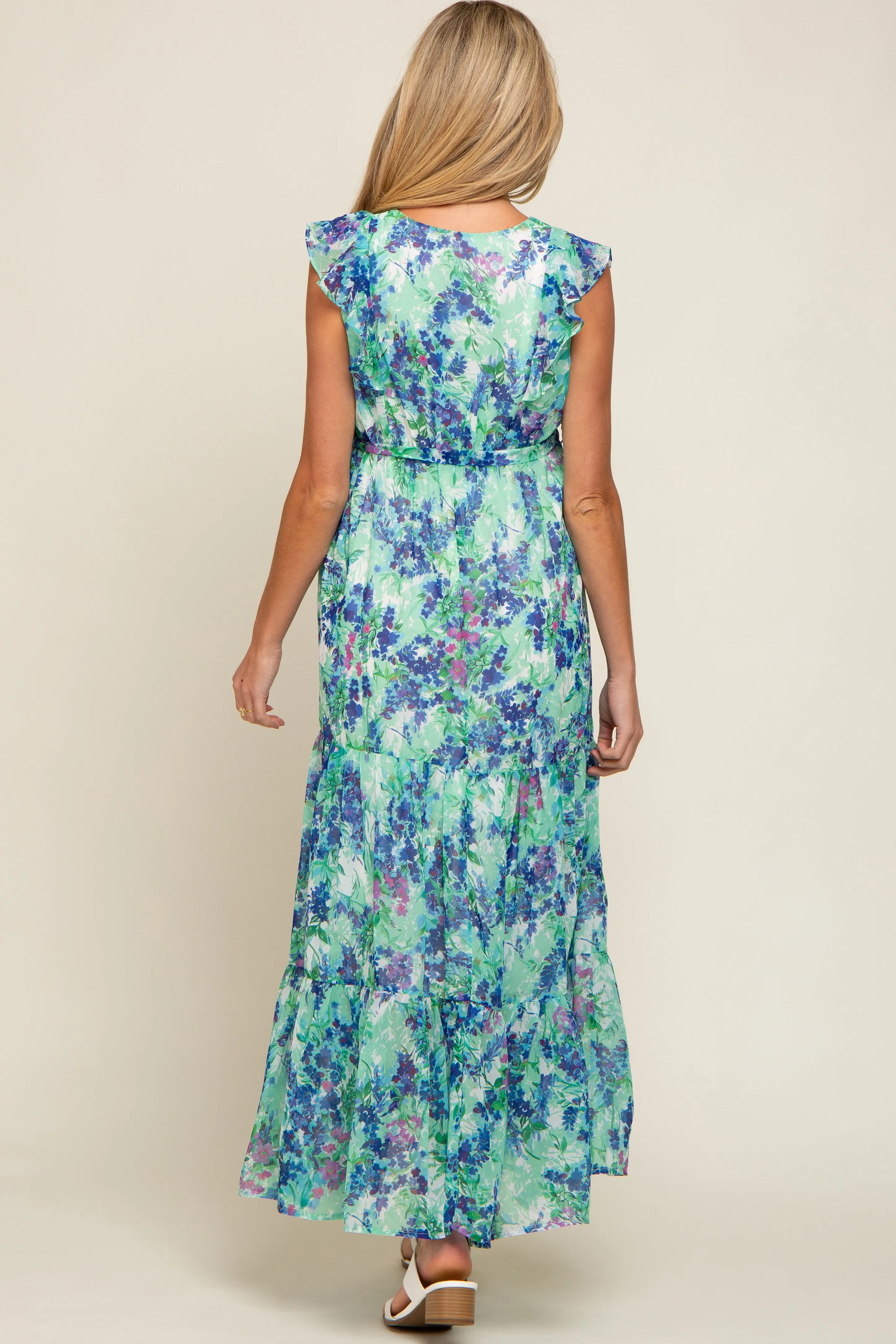 Blue Floral Ruffle Accent Waist Tie Maternity Maxi Dress sold by Pinkblush product image thumbnail 4