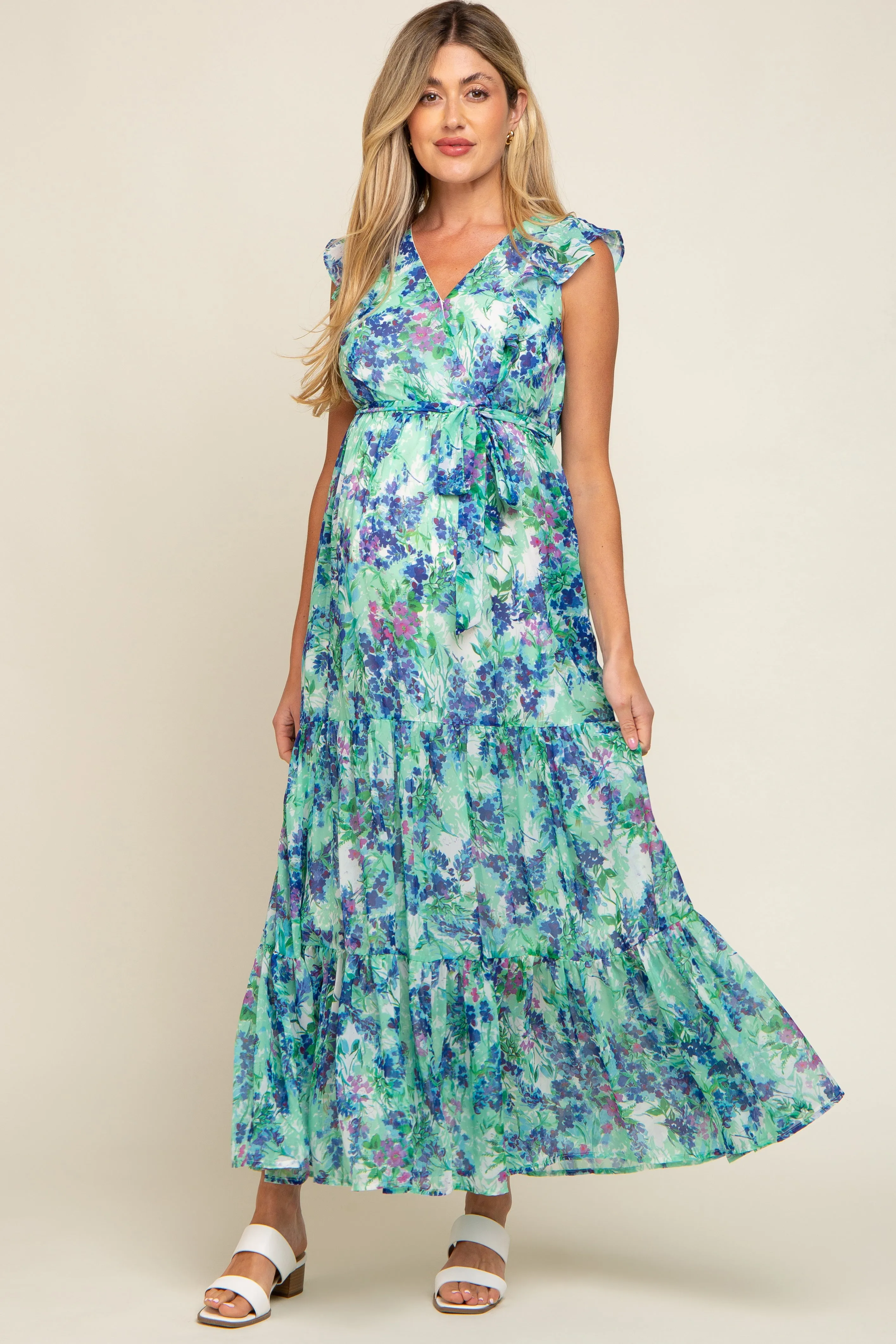 Blue Floral Ruffle Accent Waist Tie Maternity Maxi Dress sold by Pinkblush