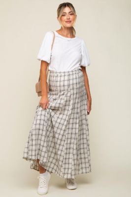 Beige Plaid Linen Maternity Maxi Skirt sold by Pinkblush