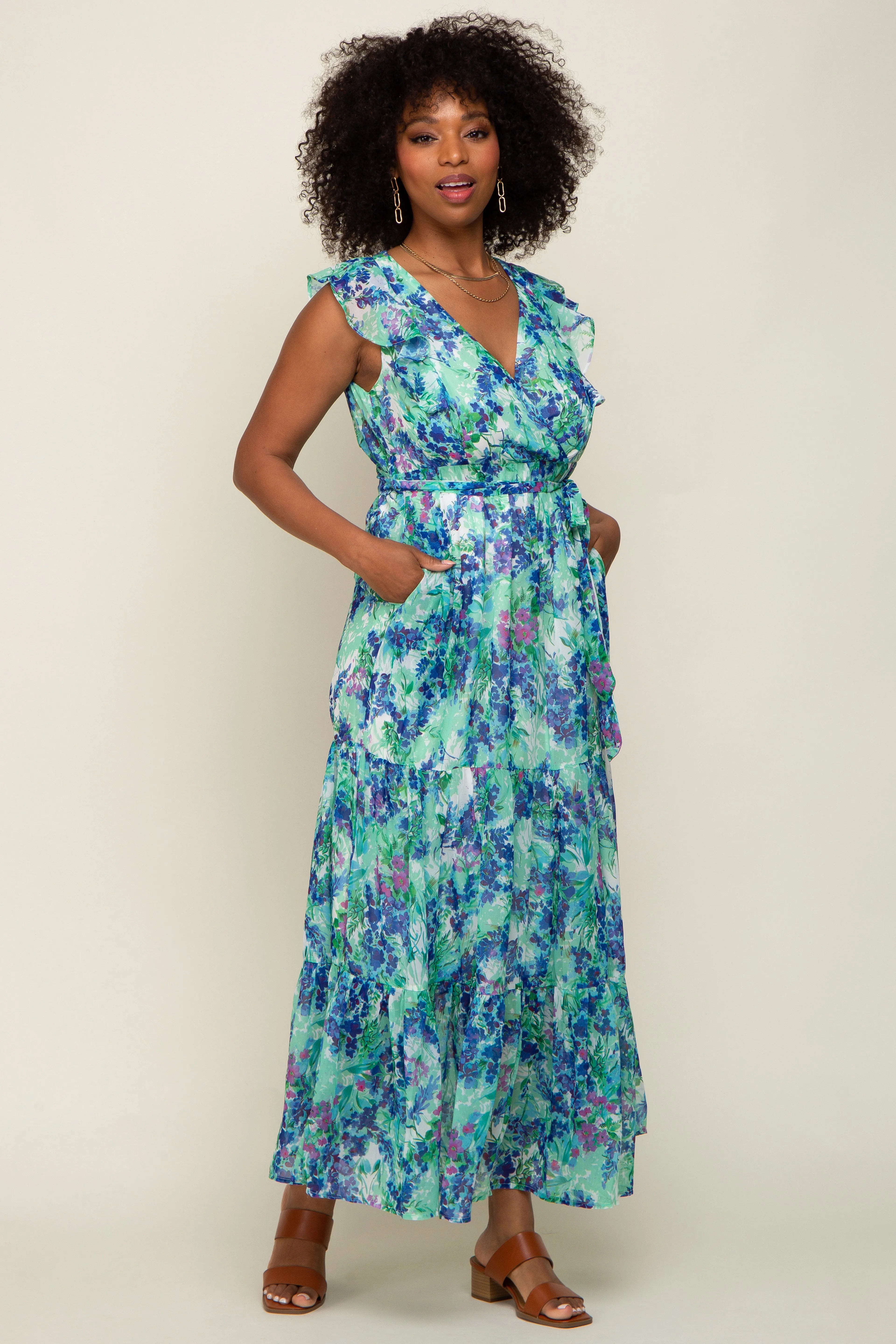 Blue Floral Ruffle Accent Waist Tie Maternity Maxi Dress sold by Pinkblush product image thumbnail 5