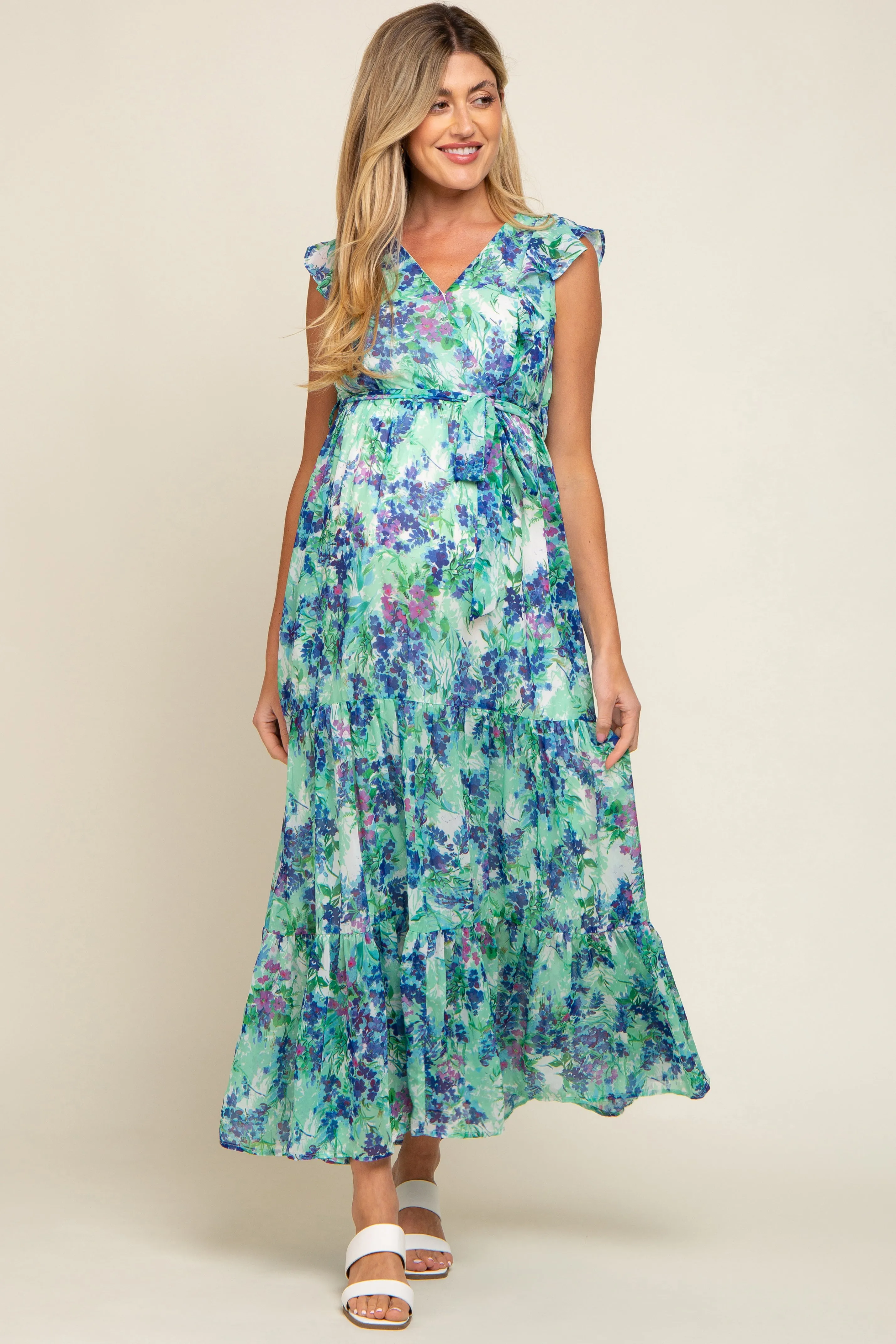 Blue Floral Ruffle Accent Waist Tie Maternity Maxi Dress sold by Pinkblush product image thumbnail 2