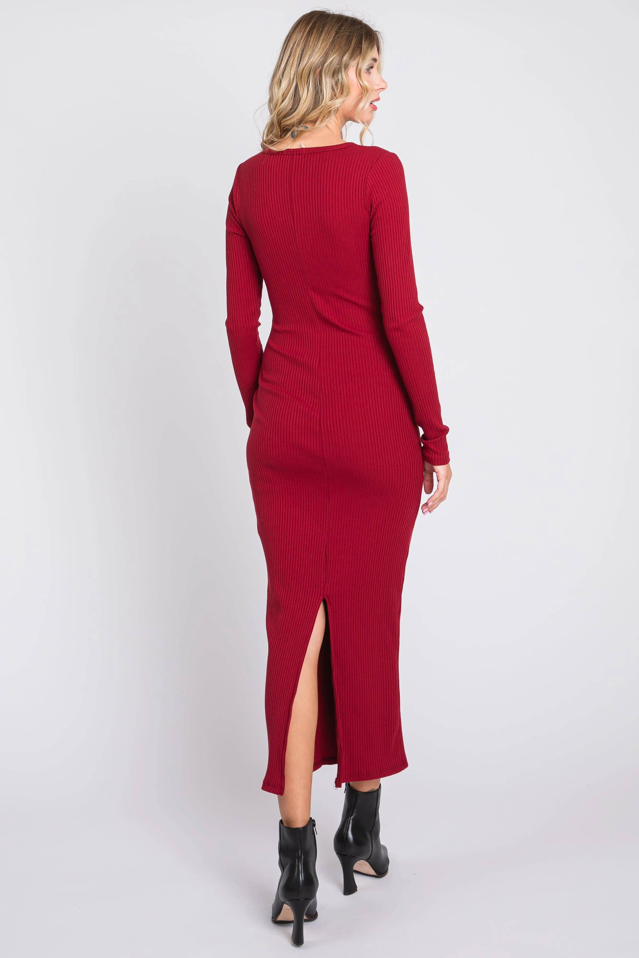 Burgundy Ribbed Long Sleeve Maxi Dress sold by Pinkblush product image thumbnail 3