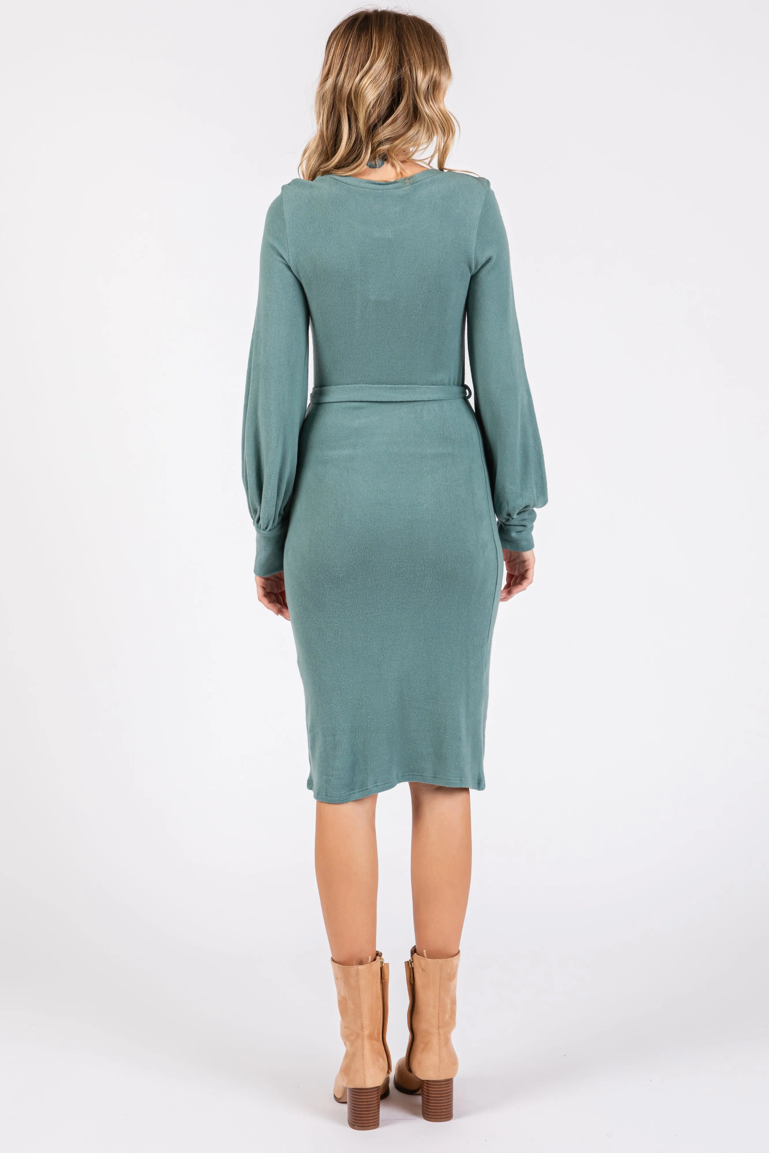 Green Soft Brushed Waist Tie Bubble Sleeve Dress sold by Pinkblush product image thumbnail 3