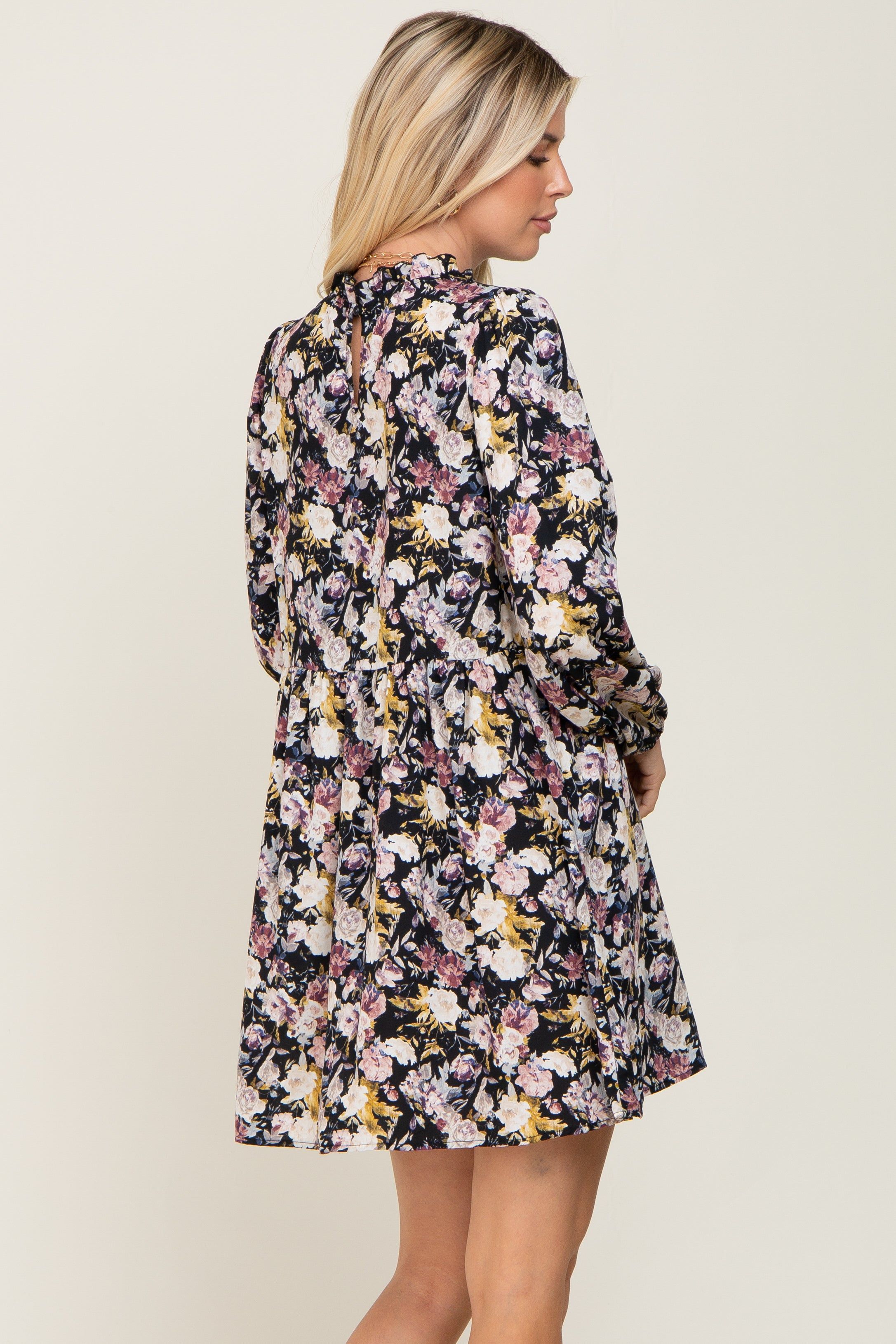 Black Floral Ruffle Mock Neck Dress sold by Pinkblush product image thumbnail 3