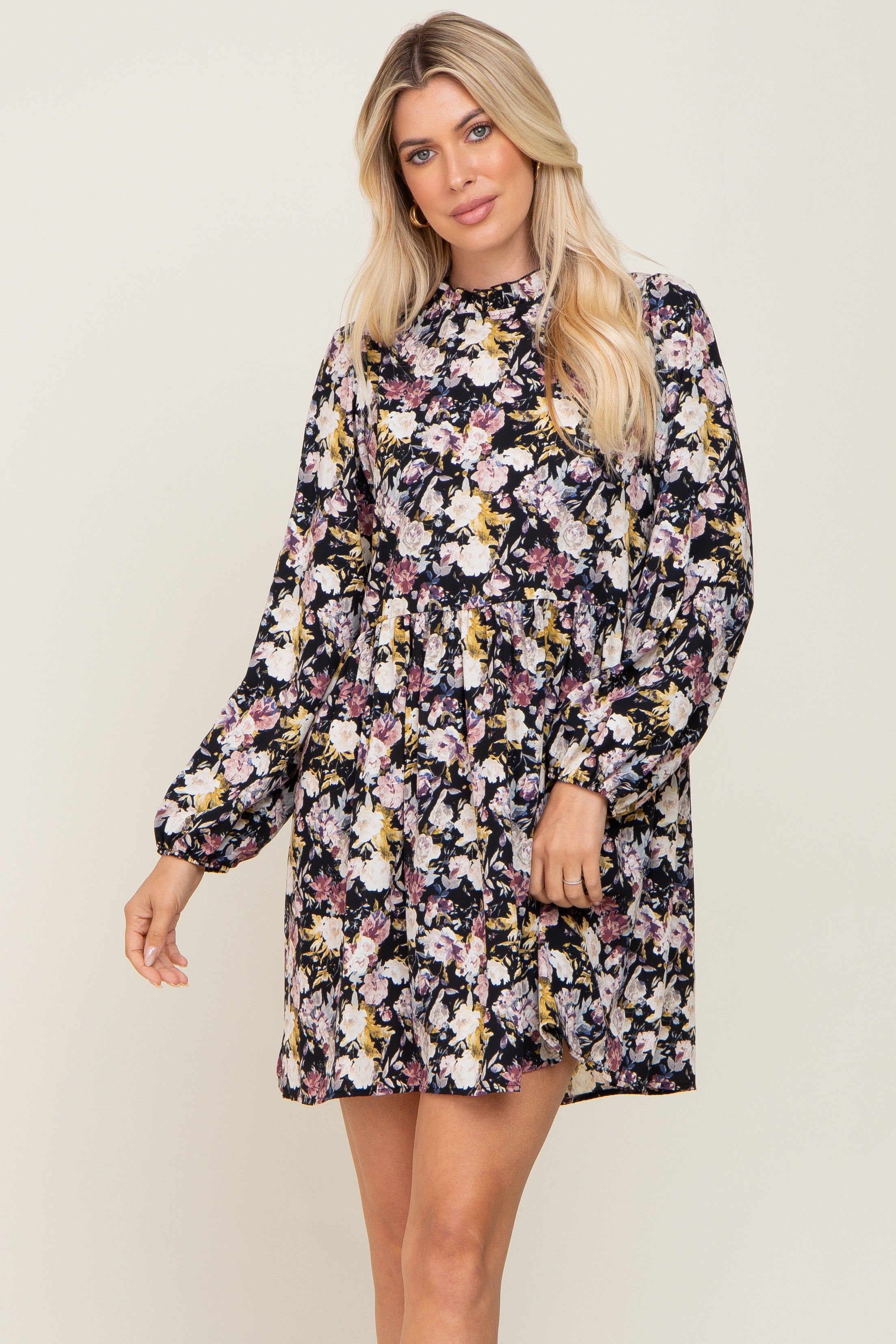 Black Floral Ruffle Mock Neck Dress sold by Pinkblush