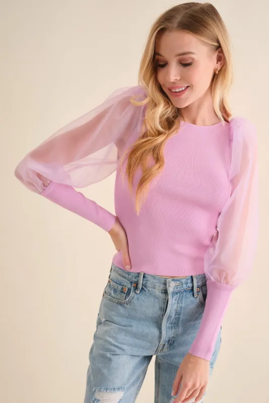 Pink Rib Knitted Organza Puff Sweater Top sold by Pinkblush