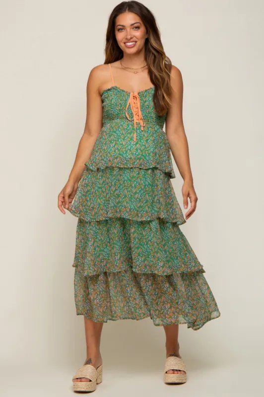 Green Floral Sleeveless Tiered Maternity Maxi Dress sold by Pinkblush