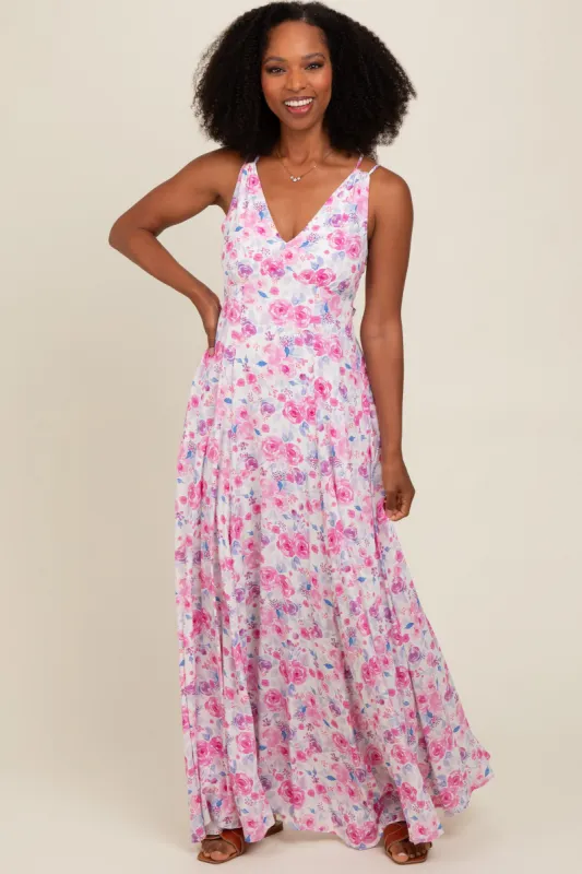 Magenta Floral Crisscross Back Maxi Dress sold by Pinkblush