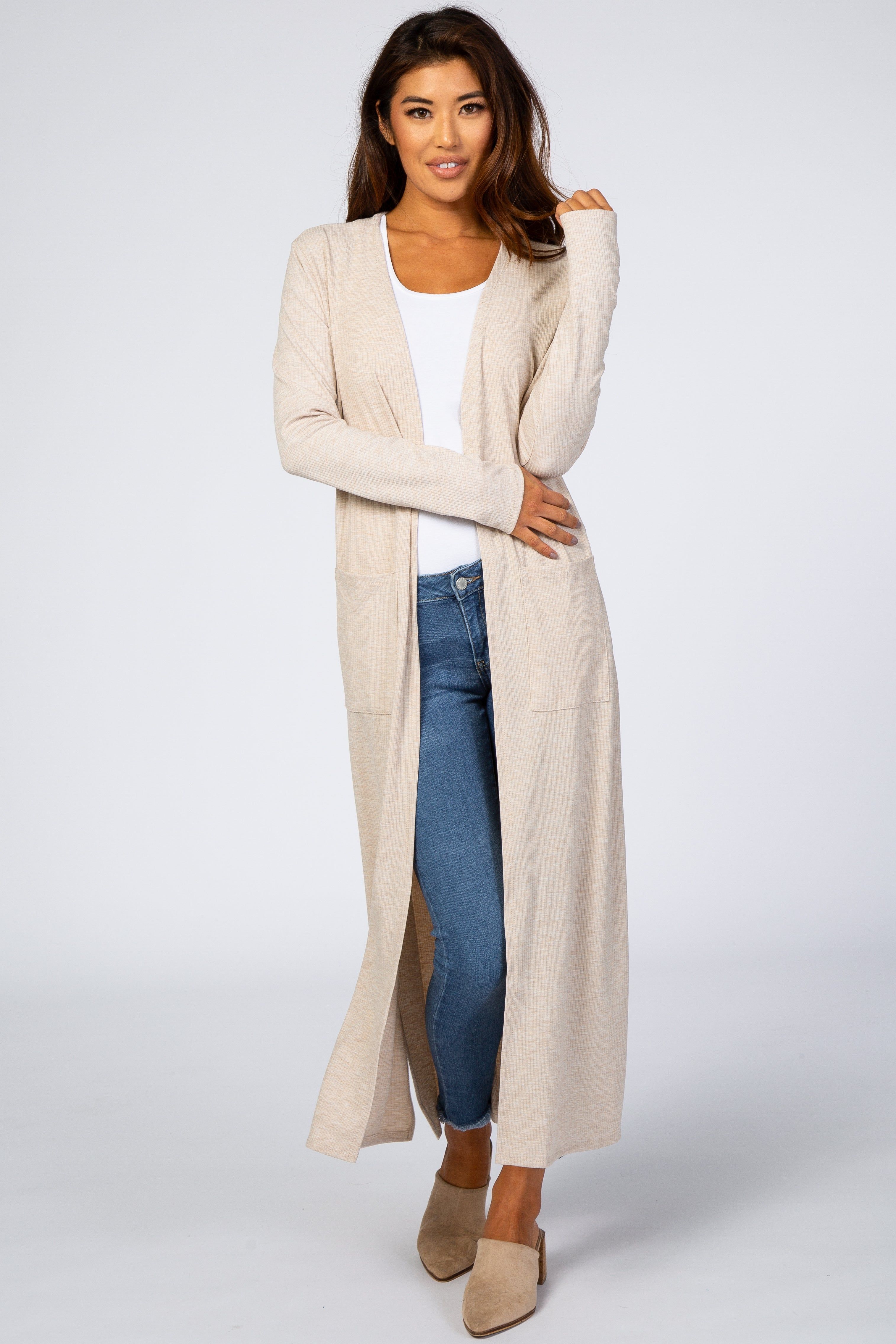 Beige Ribbed Long Sleeve Duster Cardigan sold by Pinkblush product image thumbnail 4
