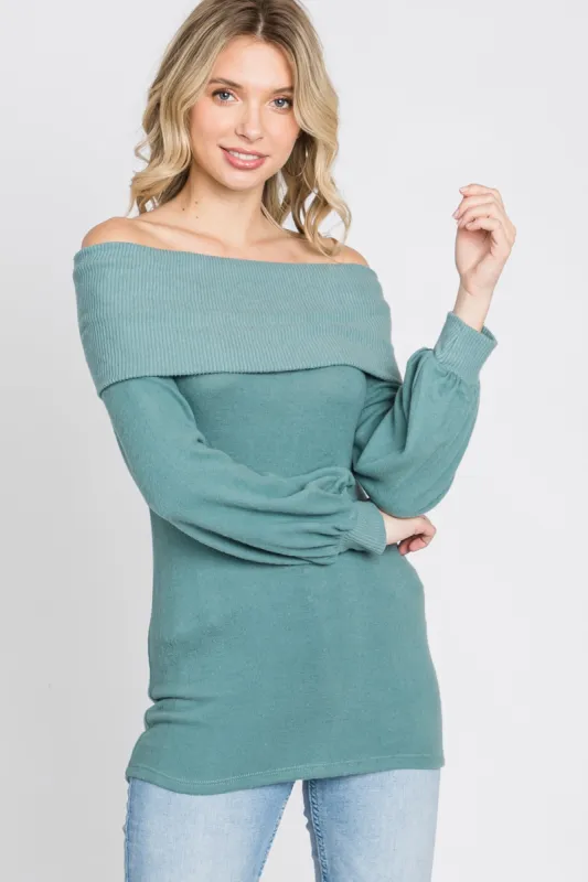 Light Teal Brushed Off Shoulder Fitted Top sold by Pinkblush