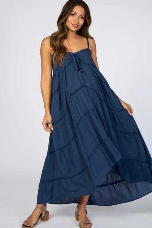 Navy Blue Ruffle Tier Hi-Low Maternity Dress sold by Pinkblush
