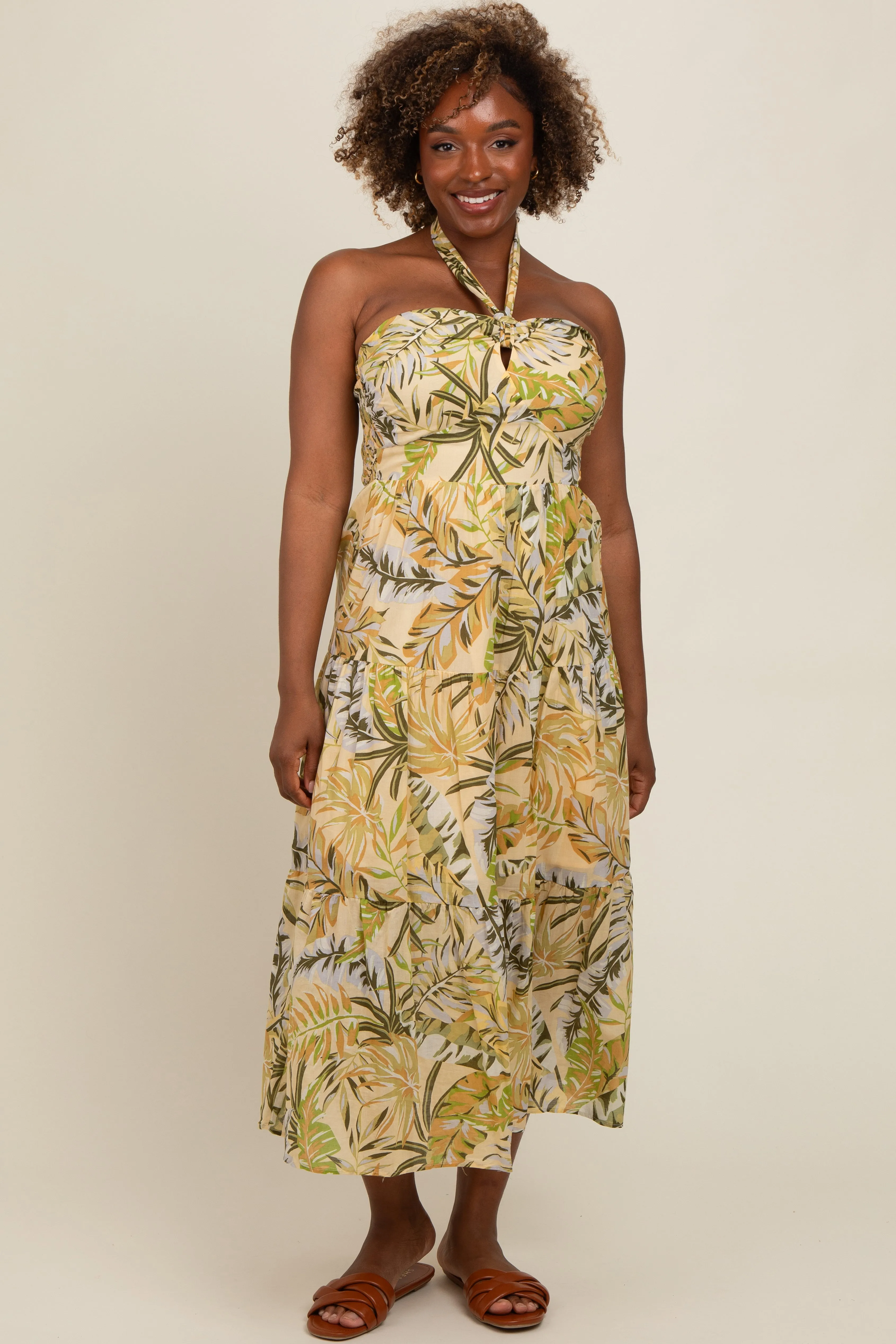 Light Yellow Tropical Halter Maxi Dress sold by Pinkblush