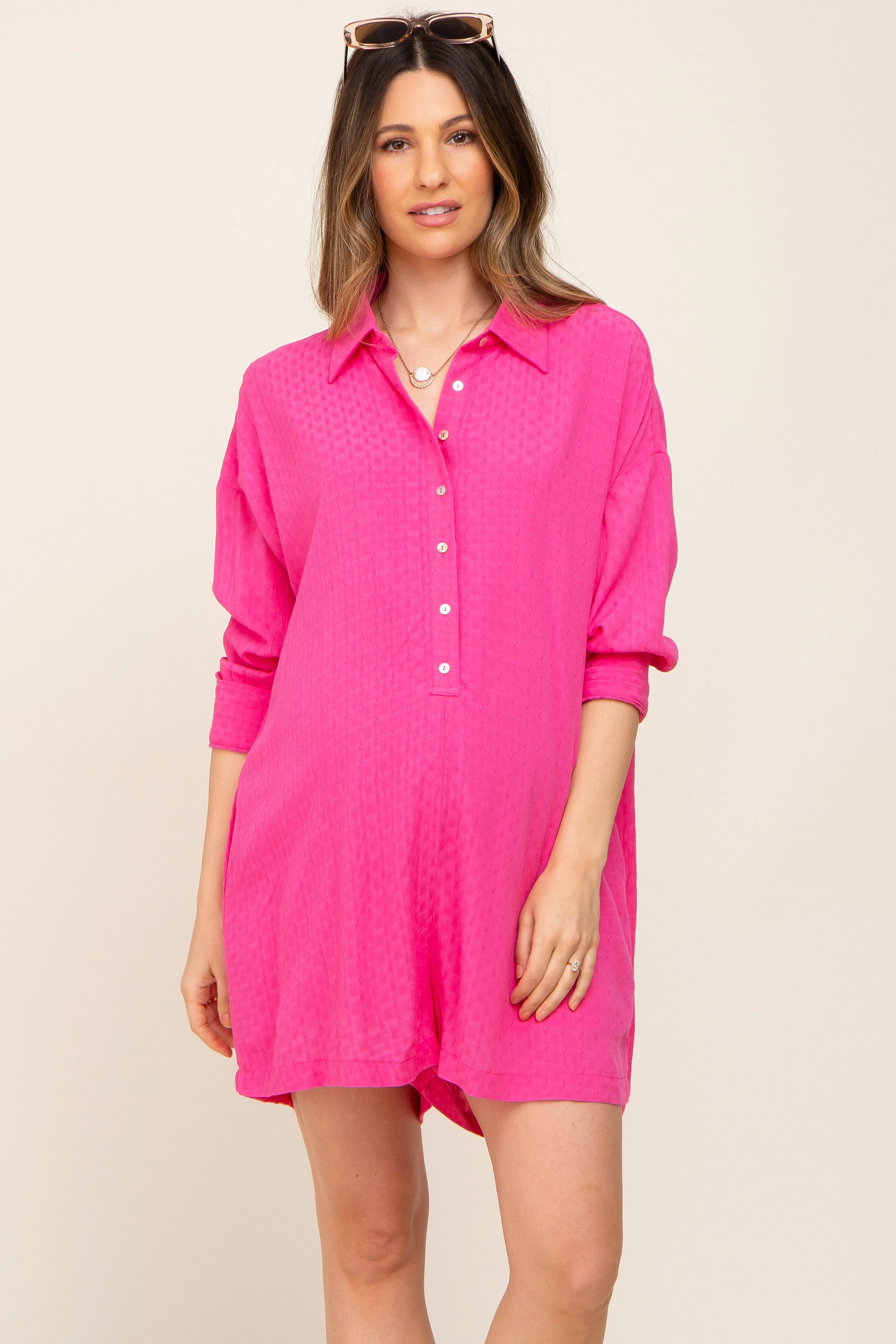 Fuchsia Jacquard Button Down Maternity Romper sold by Pinkblush product image thumbnail 2