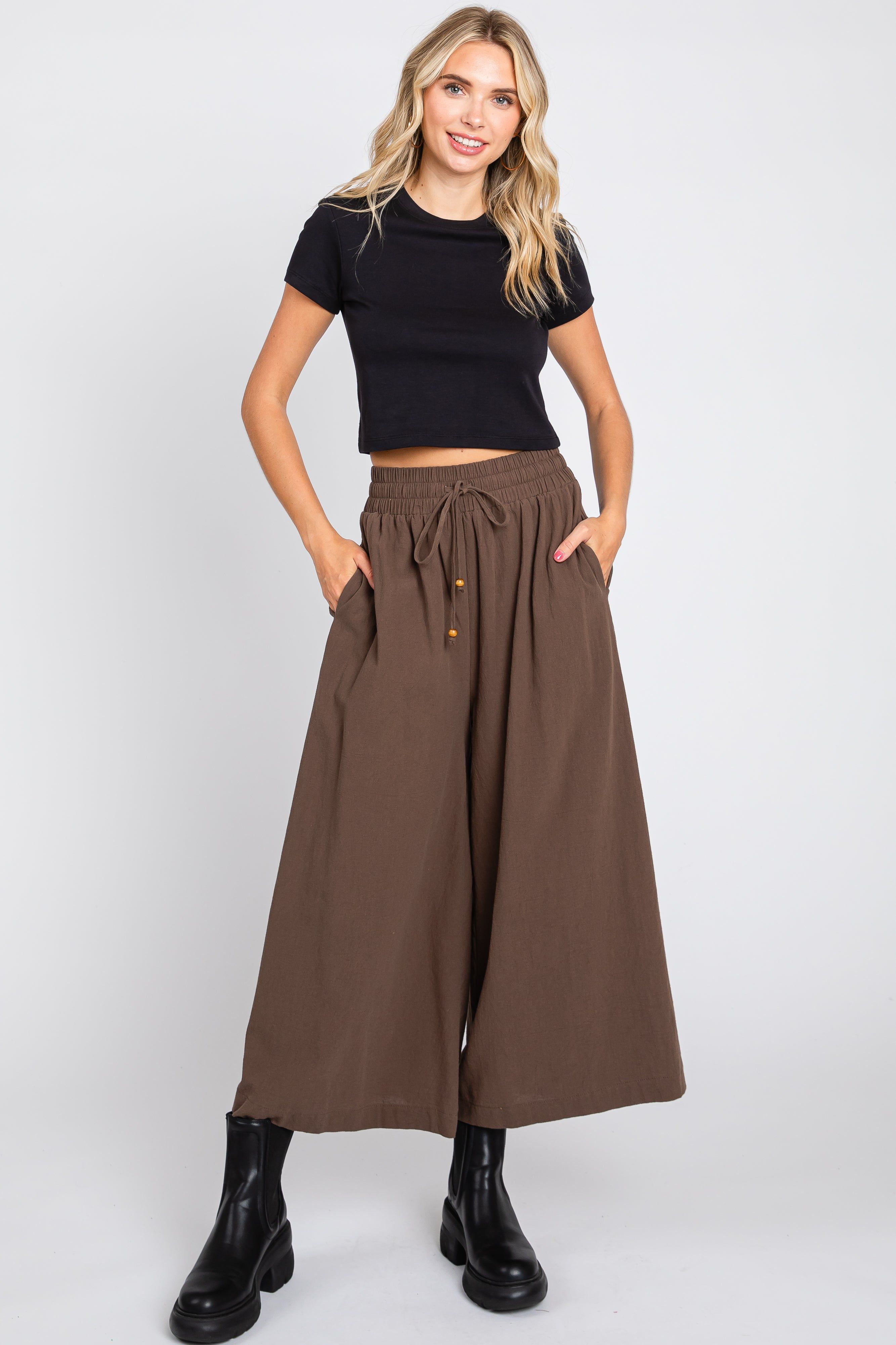 Brown Drawstring Wide Leg Pants sold by Pinkblush