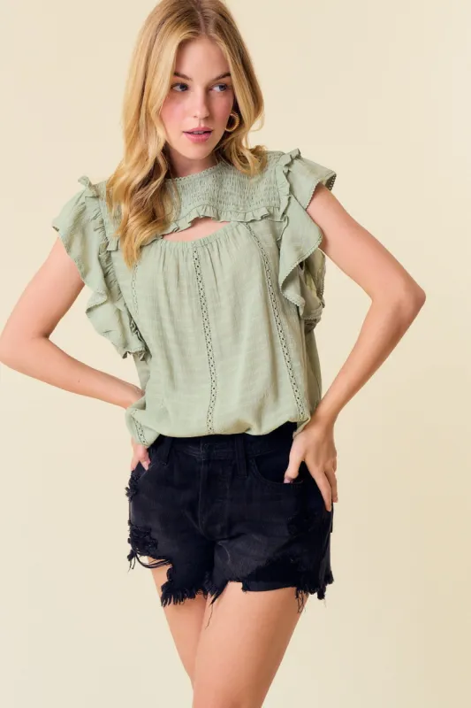 Sage Smocked Yoke Ruffle Woven Blouse With Lace Trim sold by Pinkblush