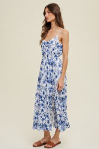 Blue Floral Tiered Midi Dress With Slit sold by Pinkblush