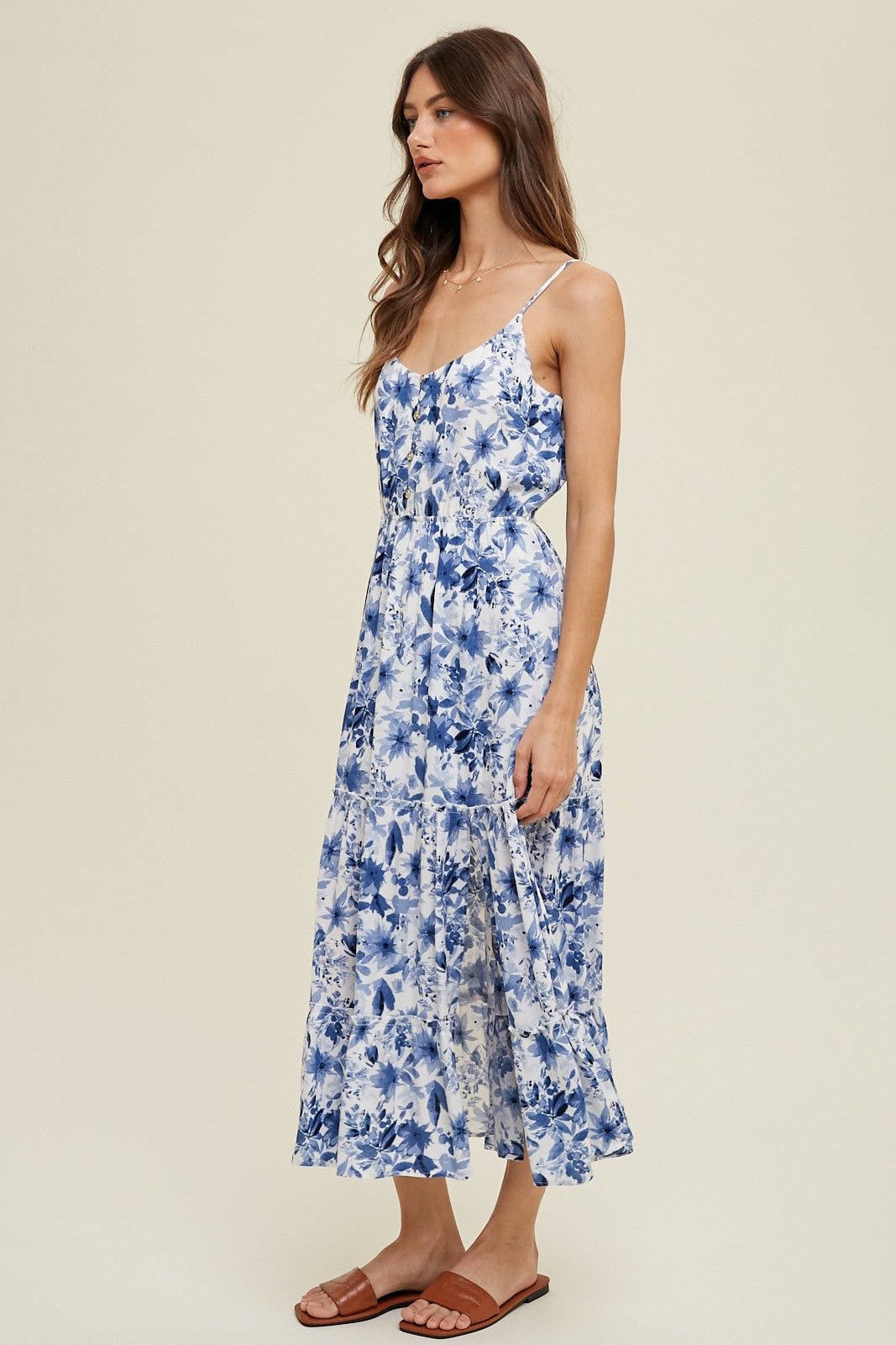 Blue Floral Tiered Midi Dress With Slit sold by Pinkblush product image thumbnail 2