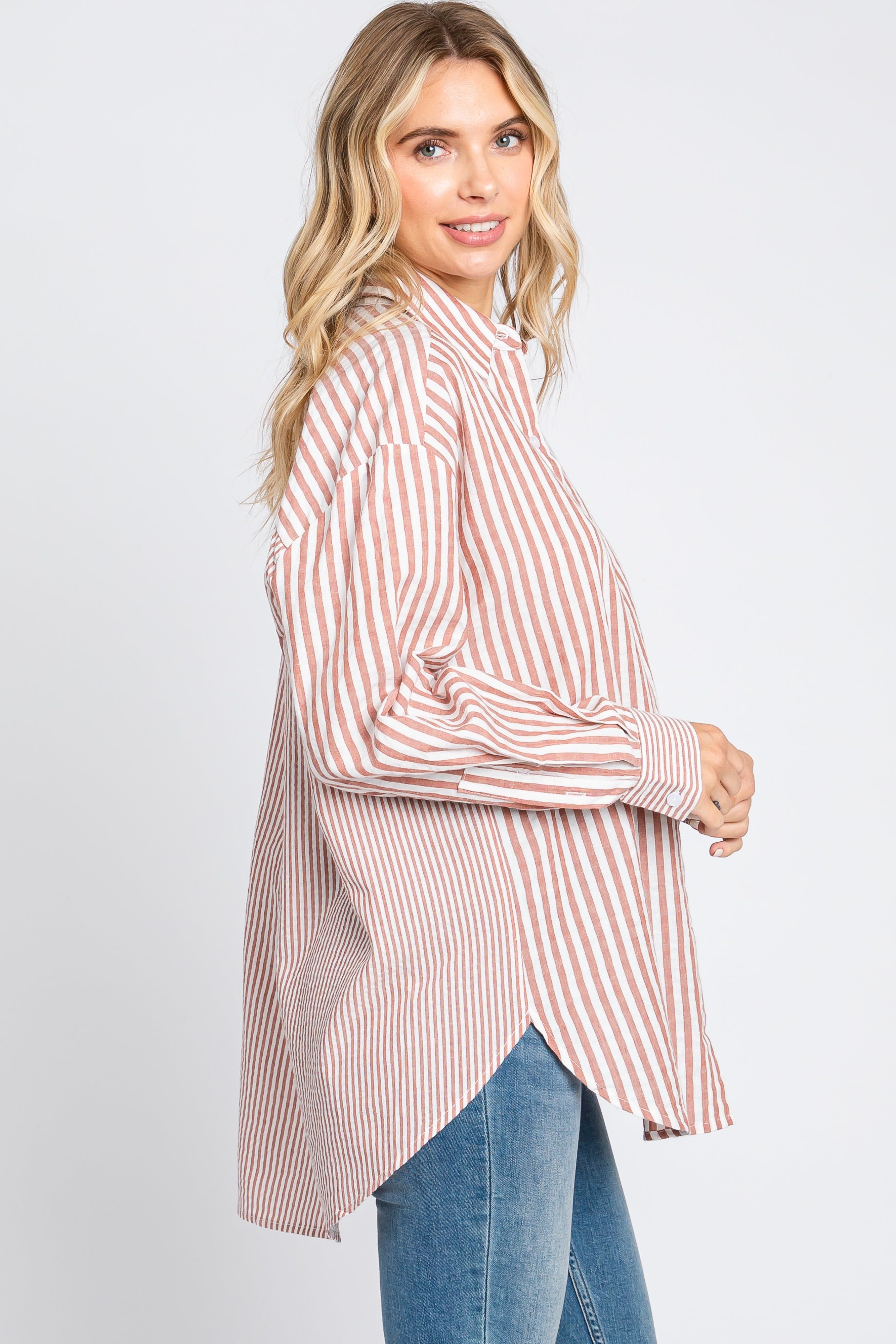 Mauve Striped Button Up Long Sleeve Top sold by Pinkblush product image thumbnail 2