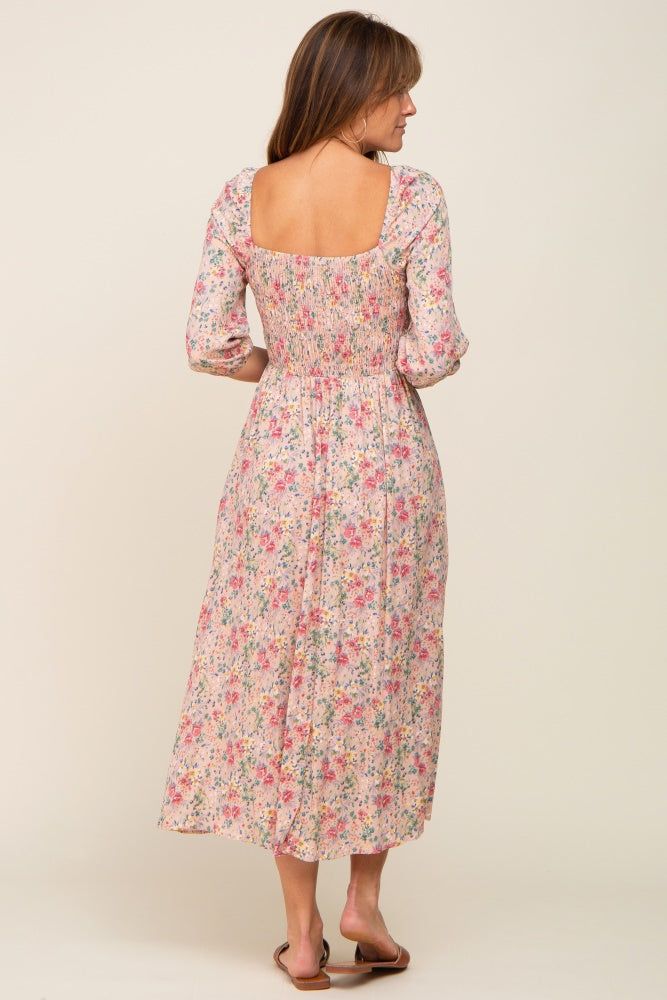 Light Pink Floral Smocked Half Sleeve Midi Dress sold by Pinkblush product image thumbnail 3