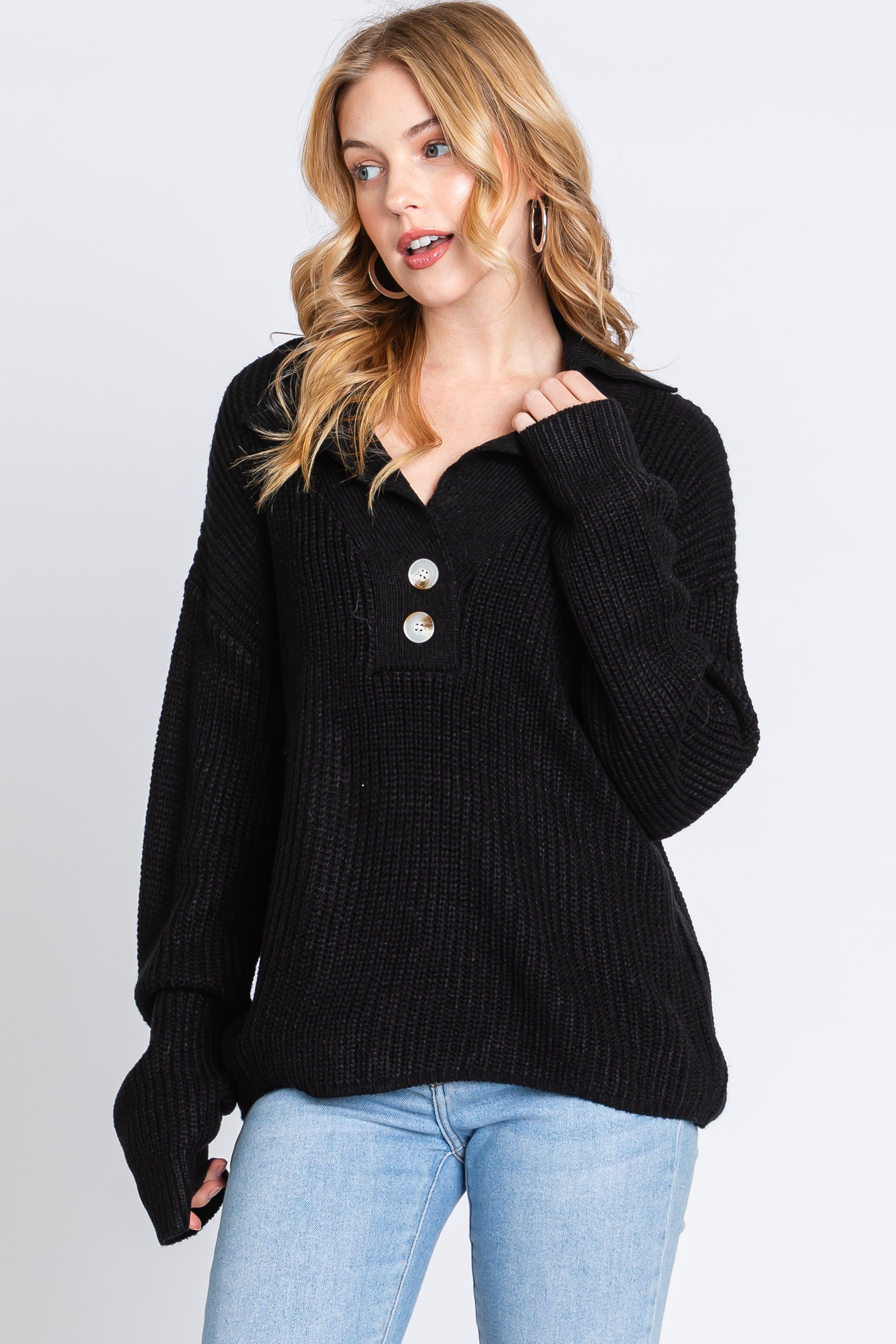 Black Chunky Knit Front Button Sweater sold by Pinkblush