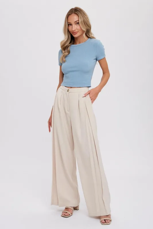 Beige Pintuck Wide Leg Pants sold by Pinkblush