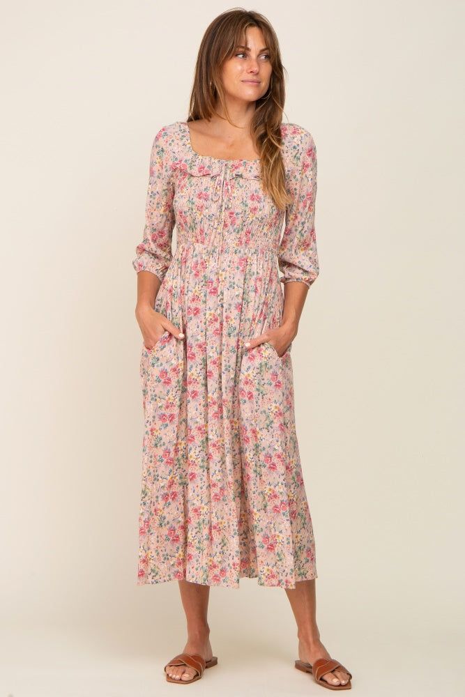 Light Pink Floral Smocked Half Sleeve Midi Dress sold by Pinkblush product image thumbnail 4