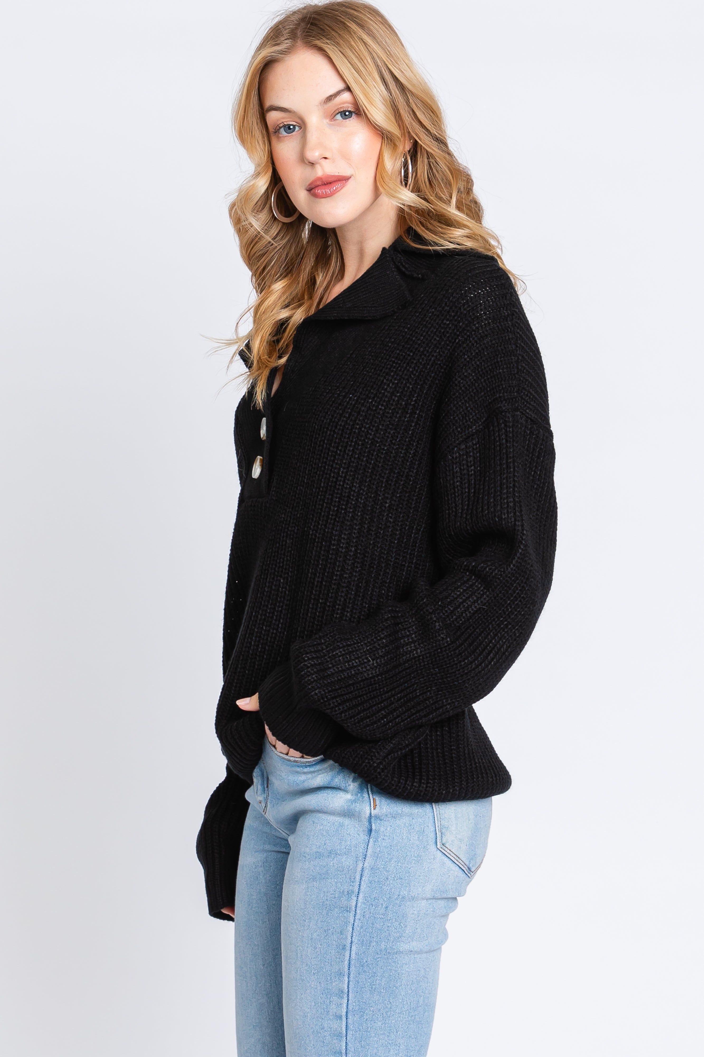 Black Chunky Knit Front Button Sweater sold by Pinkblush product image thumbnail 2