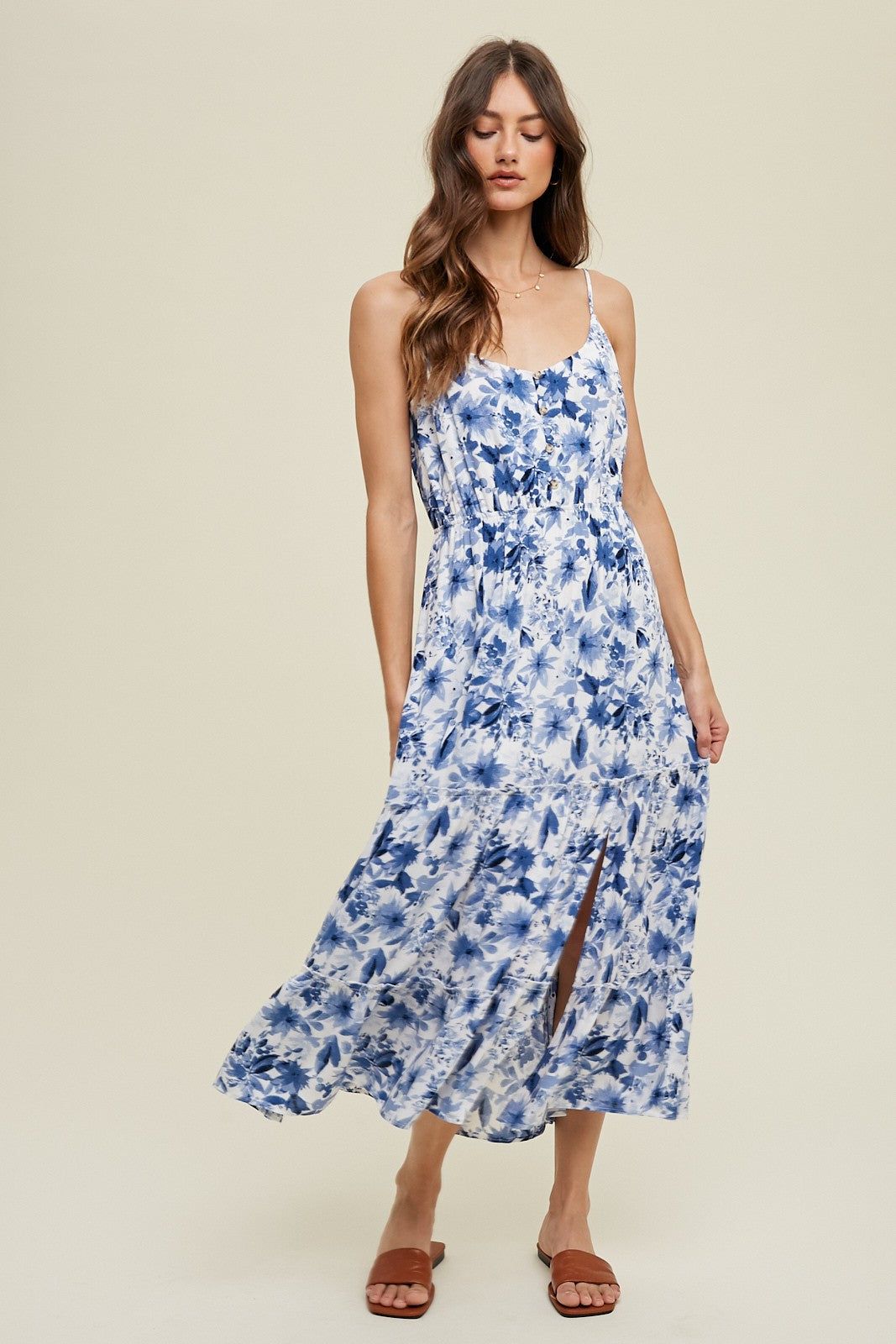 Blue Floral Tiered Midi Dress With Slit sold by Pinkblush