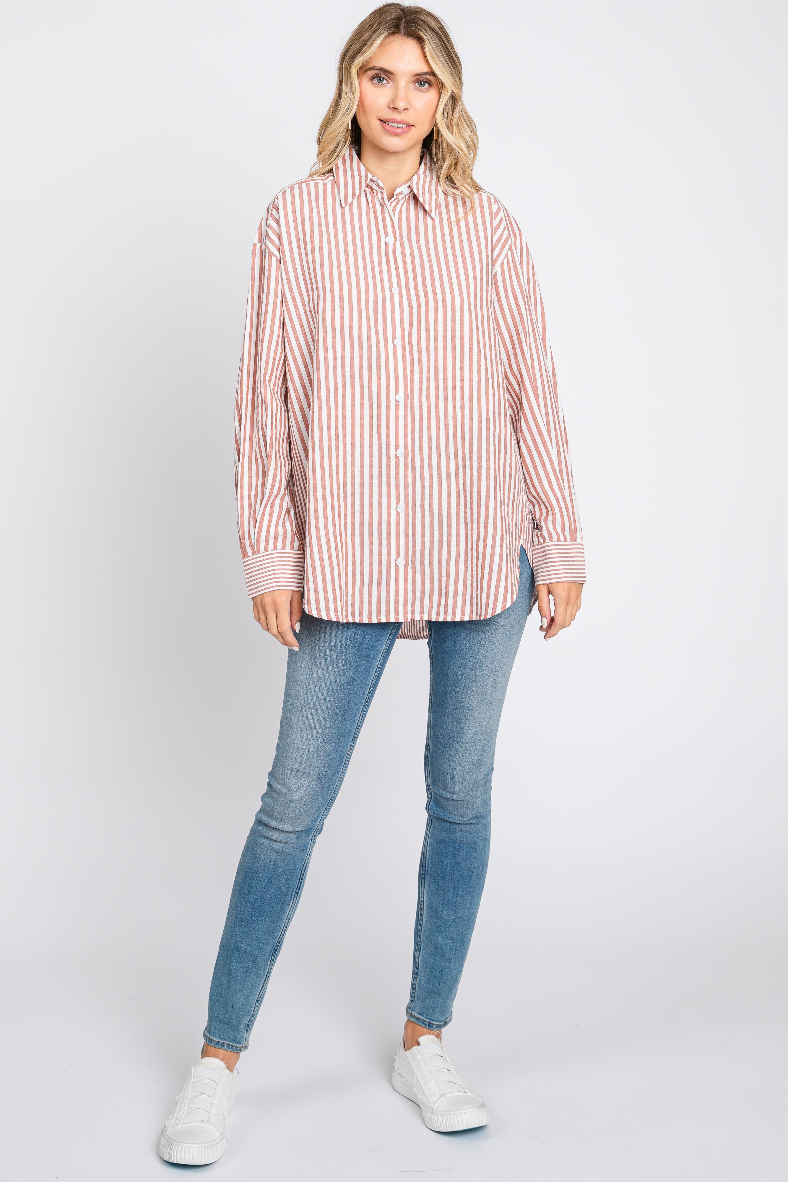 Mauve Striped Button Up Long Sleeve Top sold by Pinkblush product image thumbnail 4