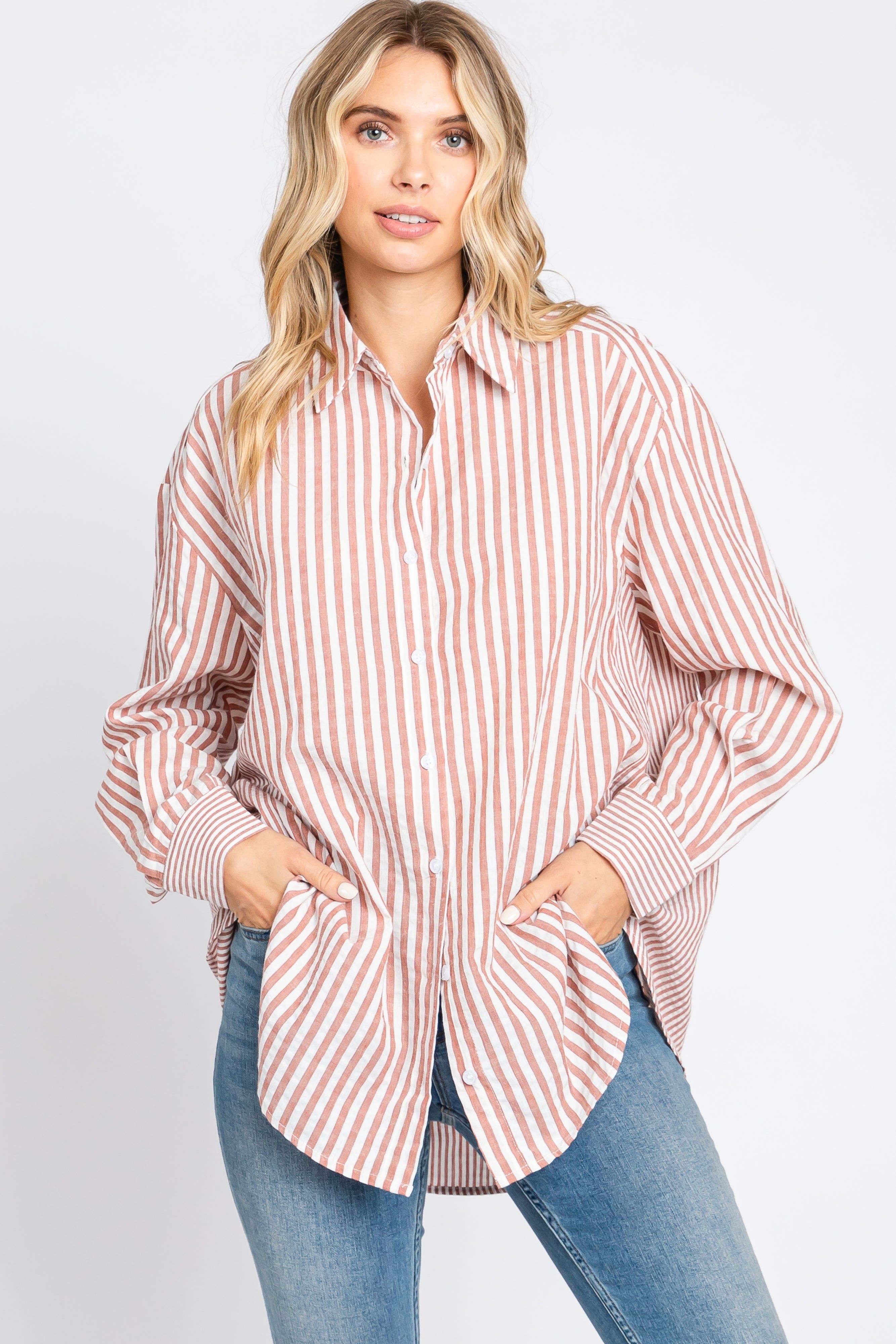 Mauve Striped Button Up Long Sleeve Top sold by Pinkblush