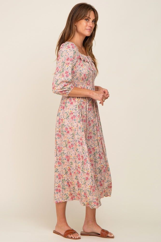 Light Pink Floral Smocked Half Sleeve Midi Dress sold by Pinkblush product image thumbnail 2