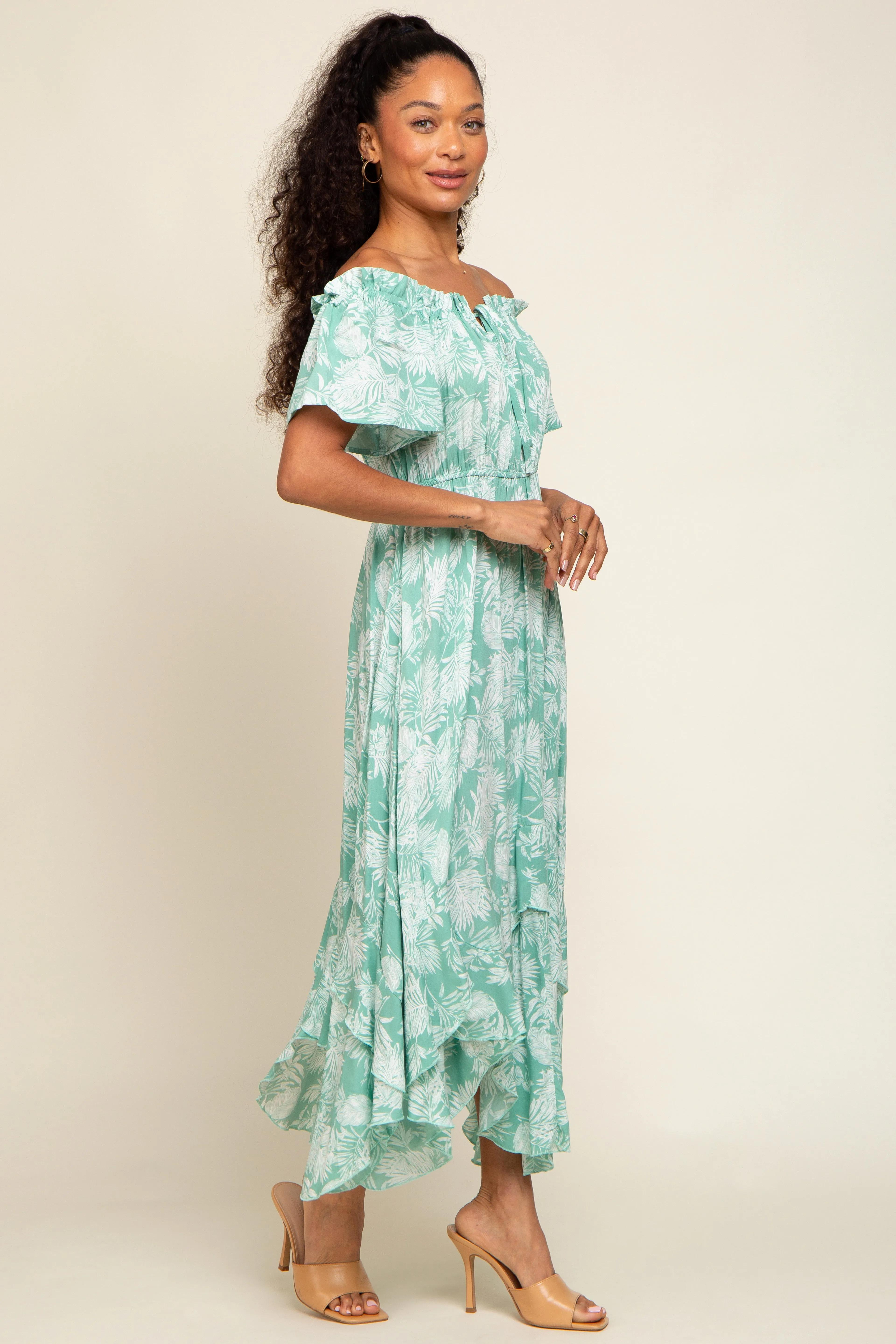 Mint Green Leaf Print Off Shoulder Handkerchief Midi Dress sold by Pinkblush product image thumbnail 2