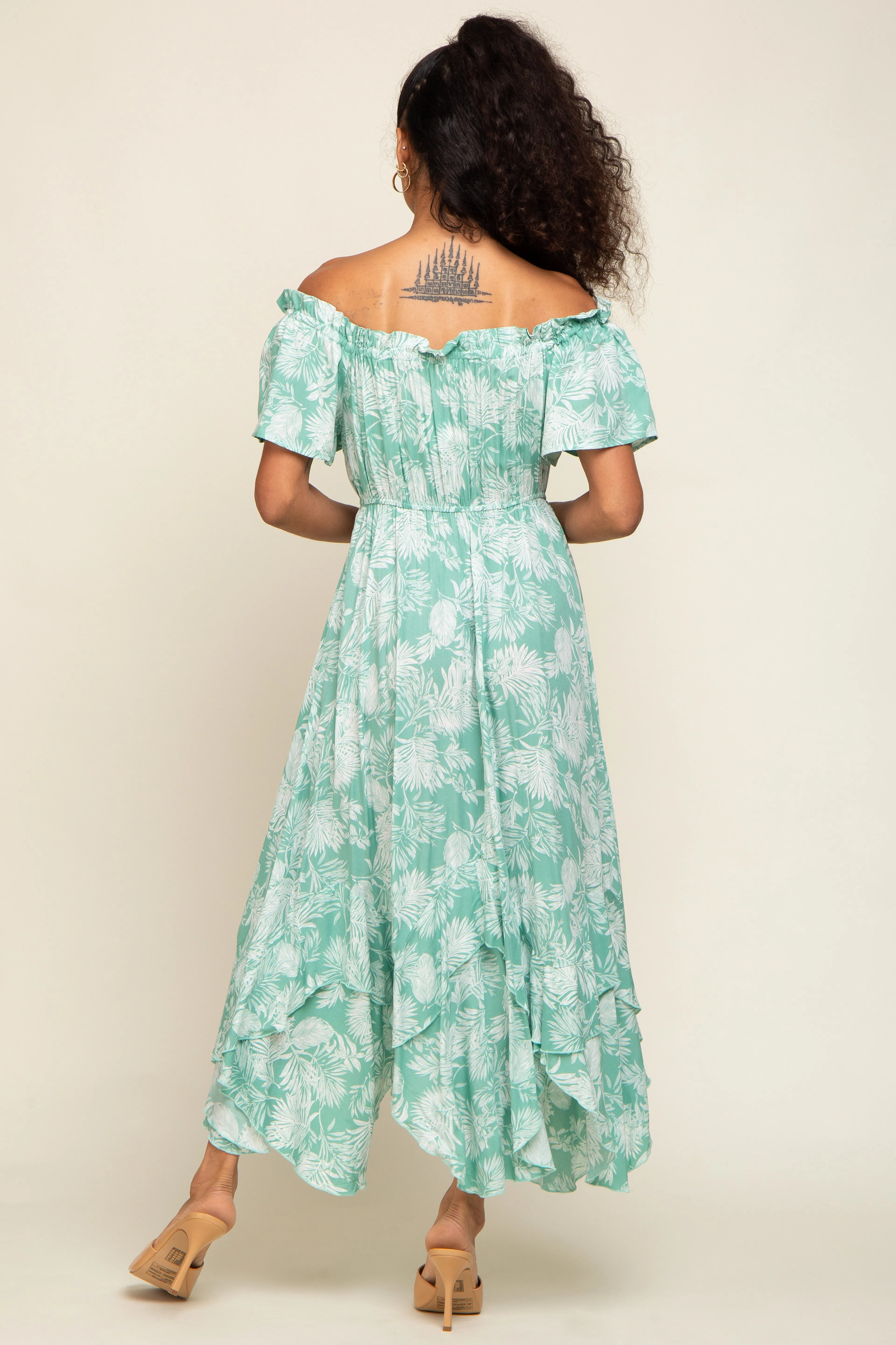 Mint Green Leaf Print Off Shoulder Handkerchief Midi Dress sold by Pinkblush product image thumbnail 3