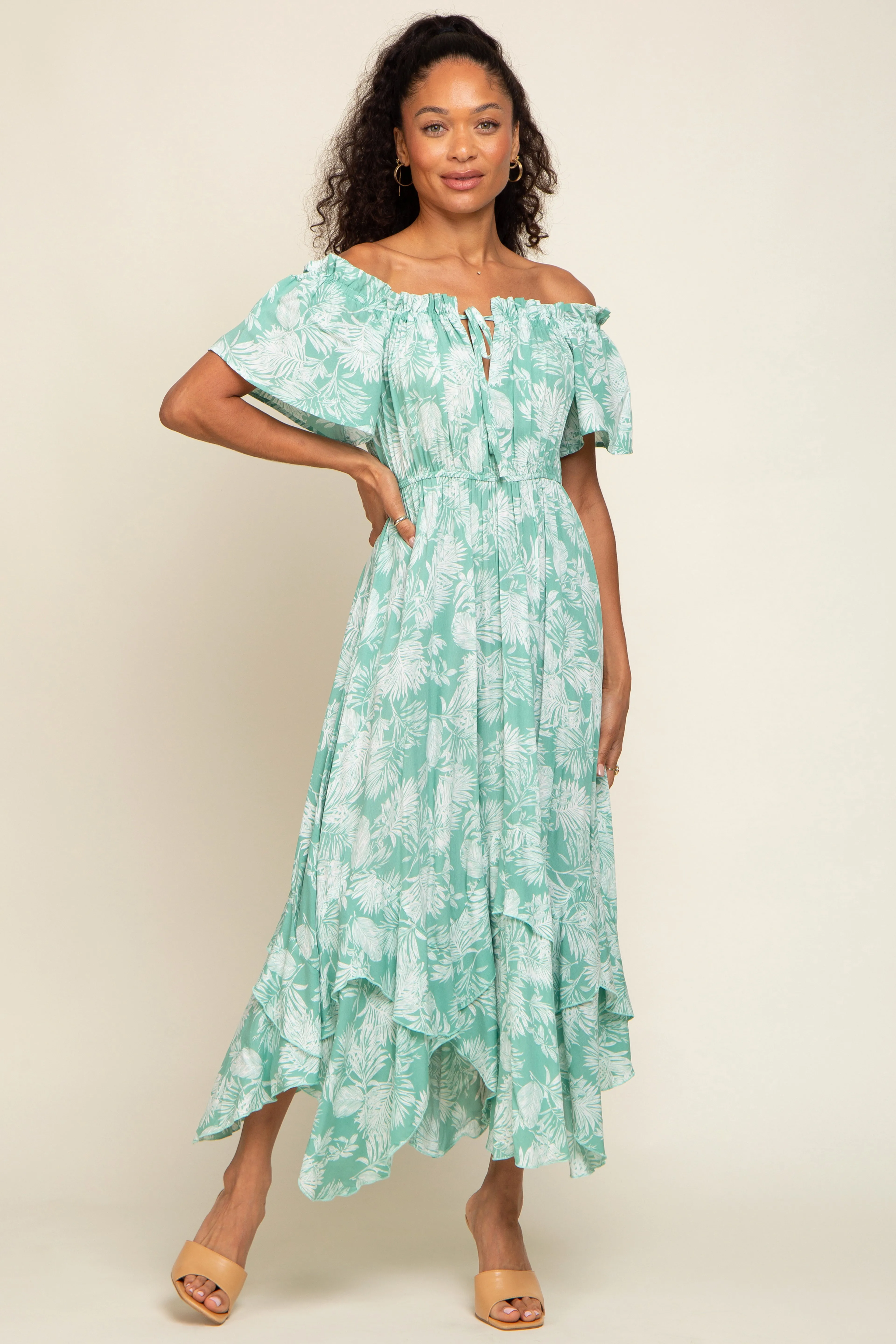 Mint Green Leaf Print Off Shoulder Handkerchief Midi Dress sold by Pinkblush