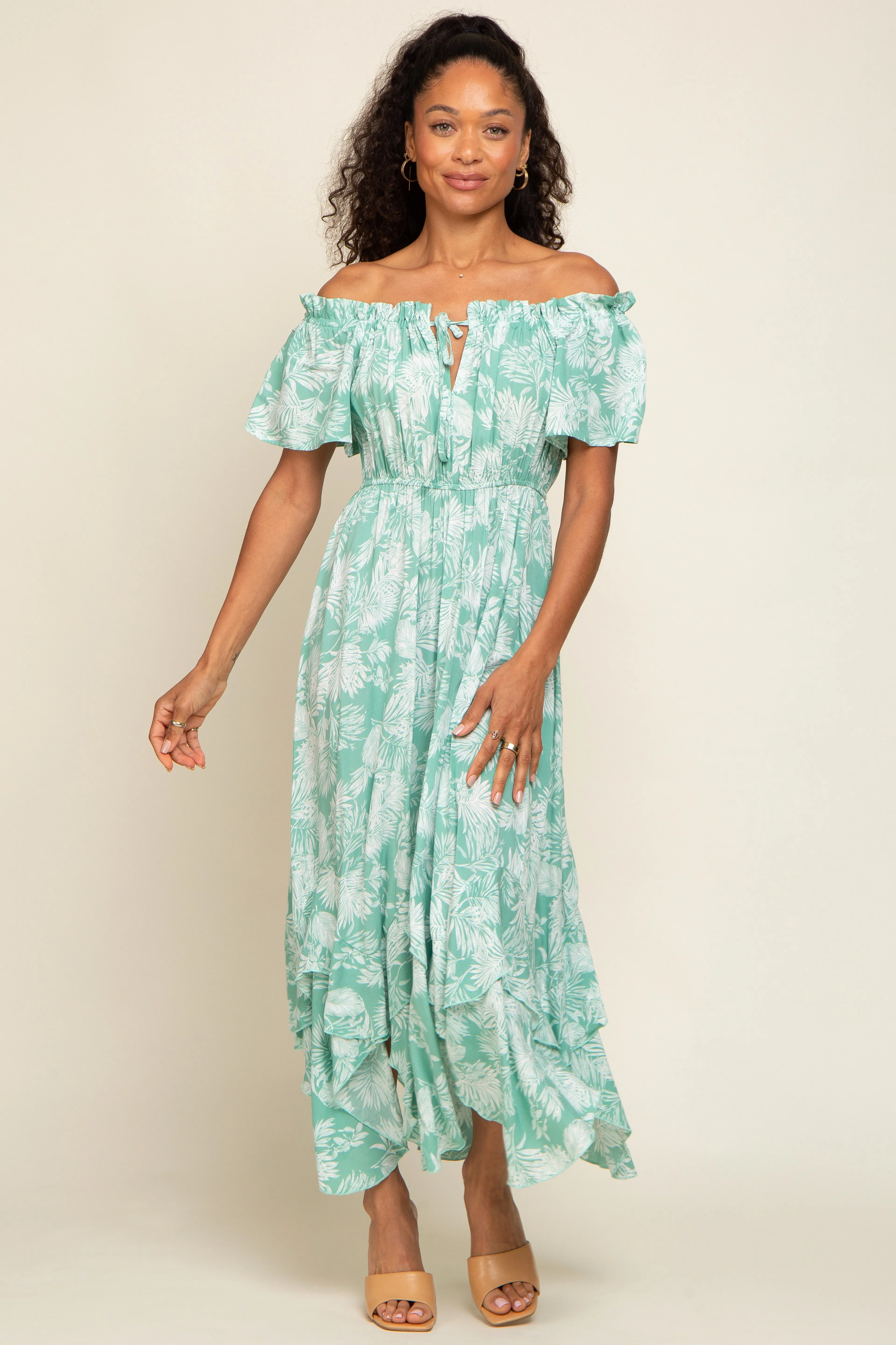 Mint Green Leaf Print Off Shoulder Handkerchief Midi Dress sold by Pinkblush product image thumbnail 4