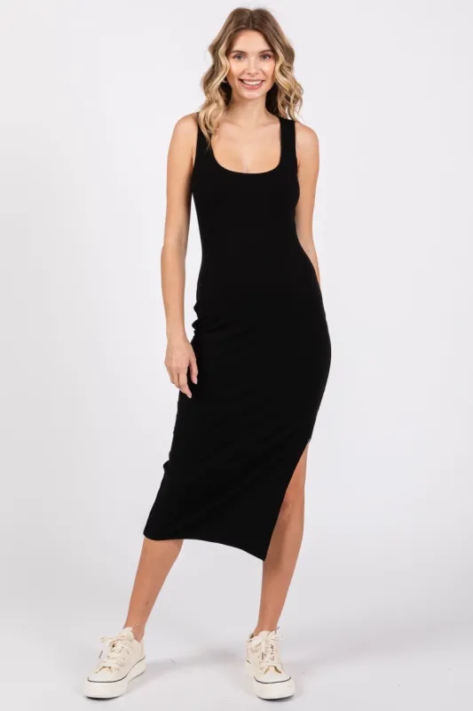 Black Ribbed Knit Sleeveless Side Slit Dress sold by Pinkblush