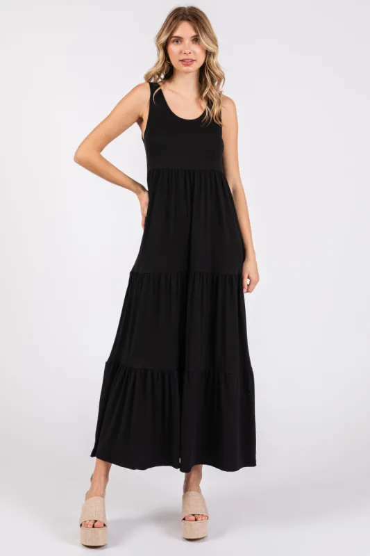 Black Sleeveless Scoop Back Tiered Maxi Dress sold by Pinkblush