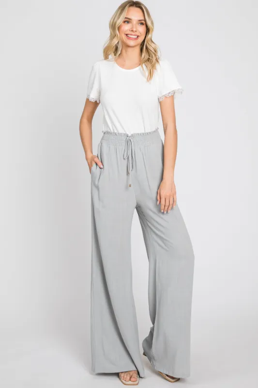 Grey Smocked Waist Wide Leg Linen Pants sold by Pinkblush