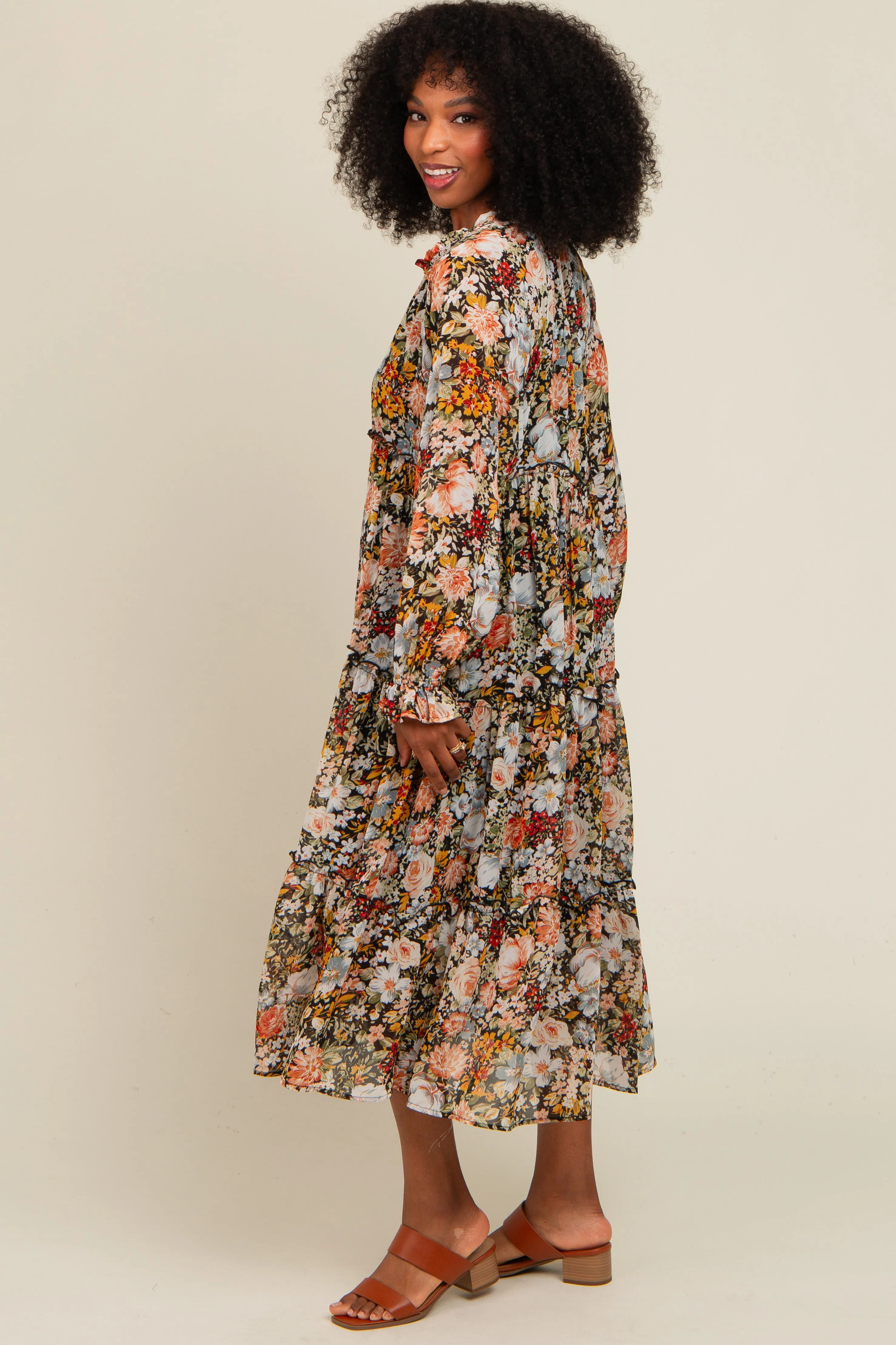 Black Floral Chiffon Front Tassel Tie Midi Dress sold by Pinkblush product image thumbnail 2