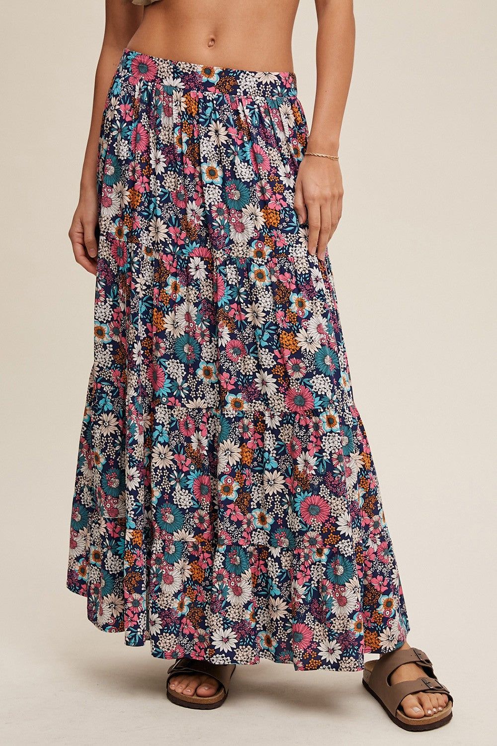 Navy Floral Tiered Midi Skirt sold by Pinkblush product image thumbnail 3