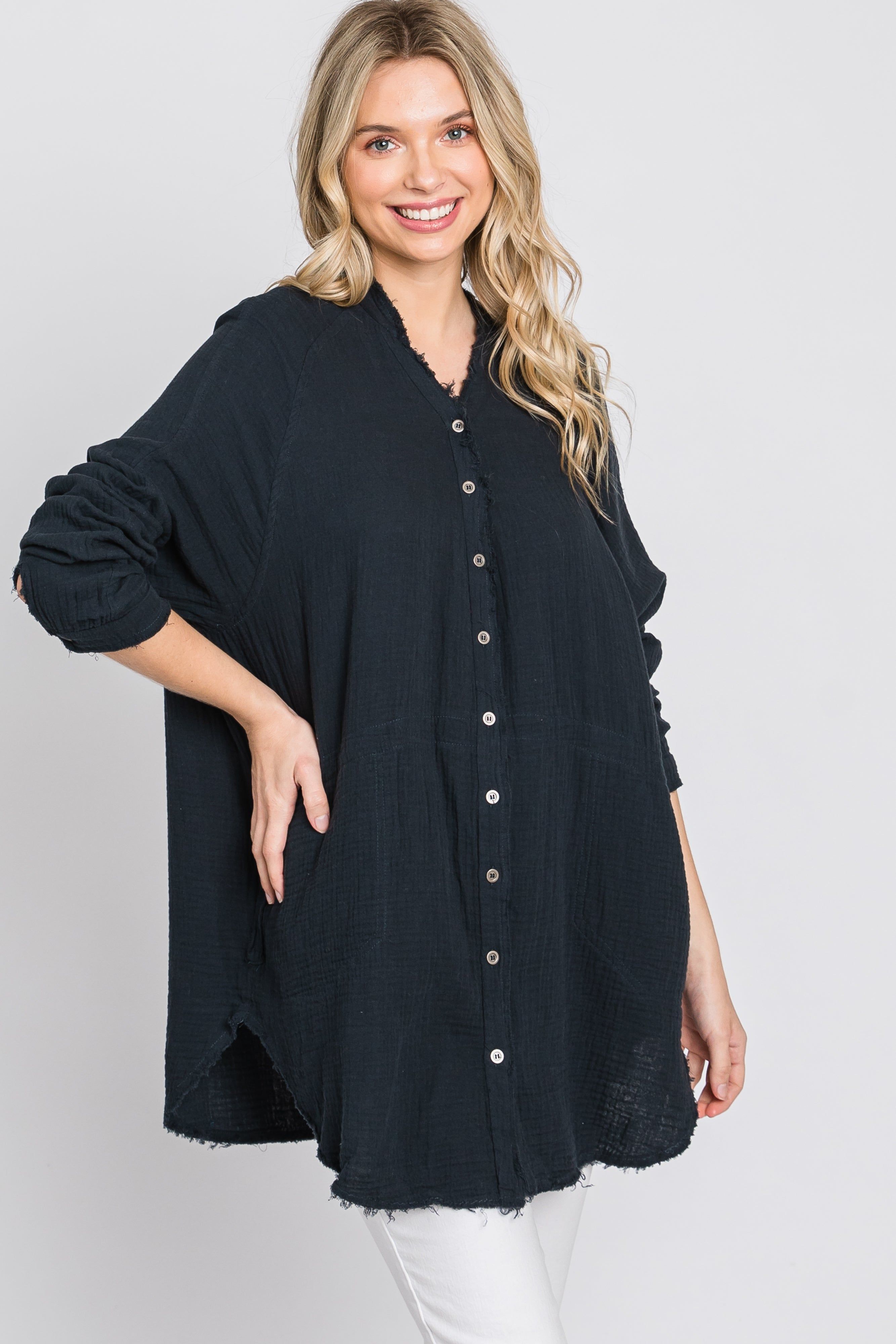 Navy Distressed Seam Button Down Top sold by Pinkblush product image thumbnail 11